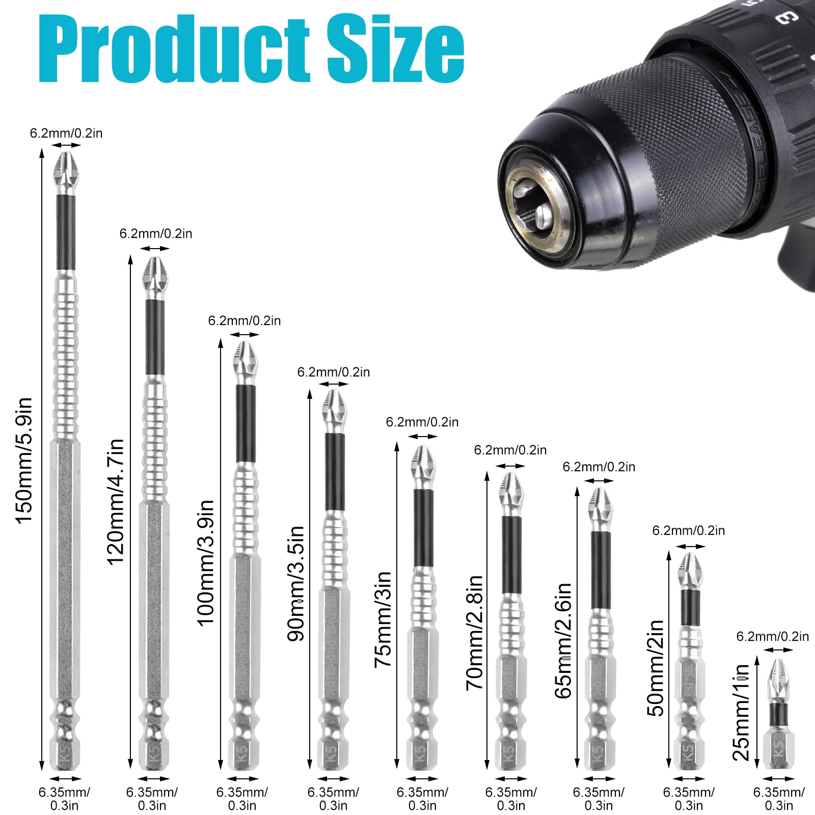 9 Piezas Brocas de Destornillador Magnético,Juego Magnética,Brocas Magnética,25-150mm High Magnetic Screwdriver Drill Bit Set,Juego Phillips Antideslizantes,para Taladros Eléctricos