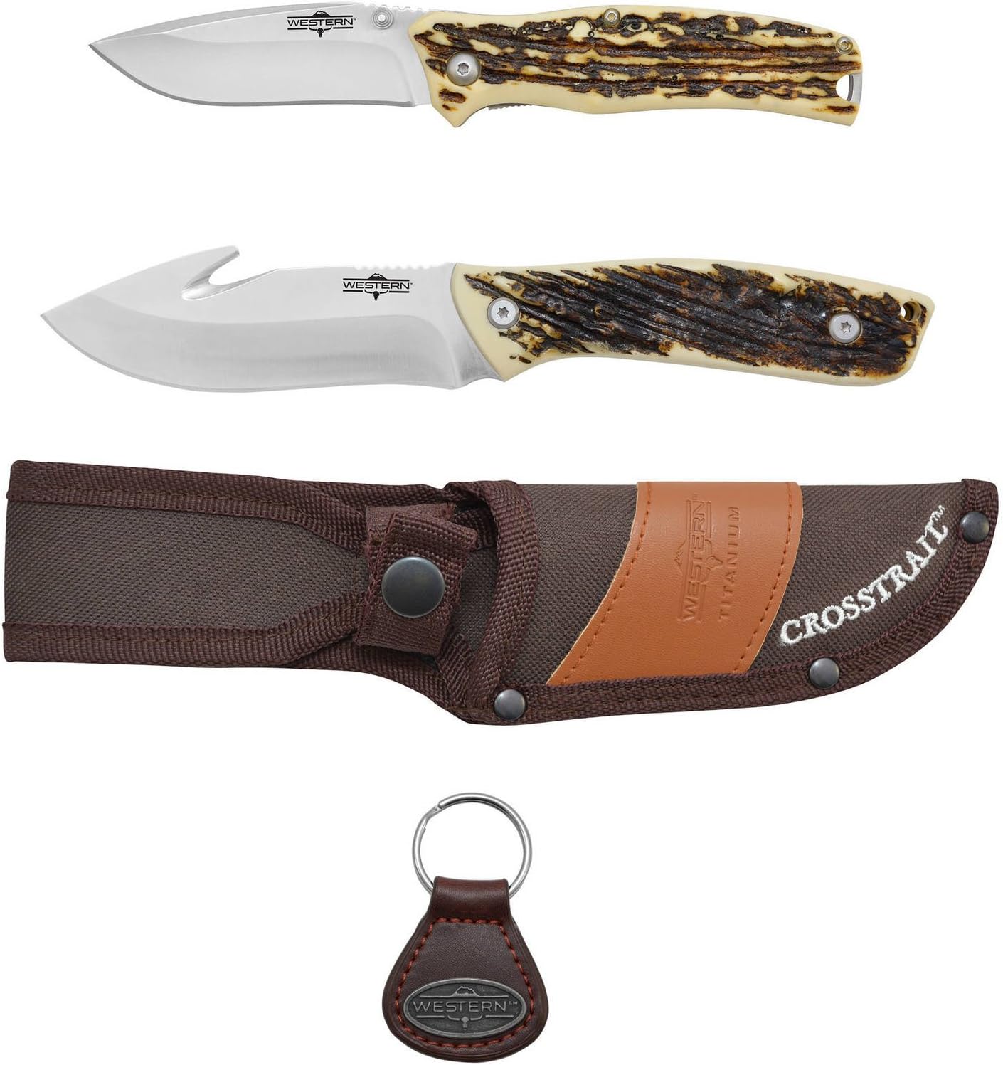 Western crosstrail & pronto 8.25" gut hook fixed blade knife & 7" folding knife