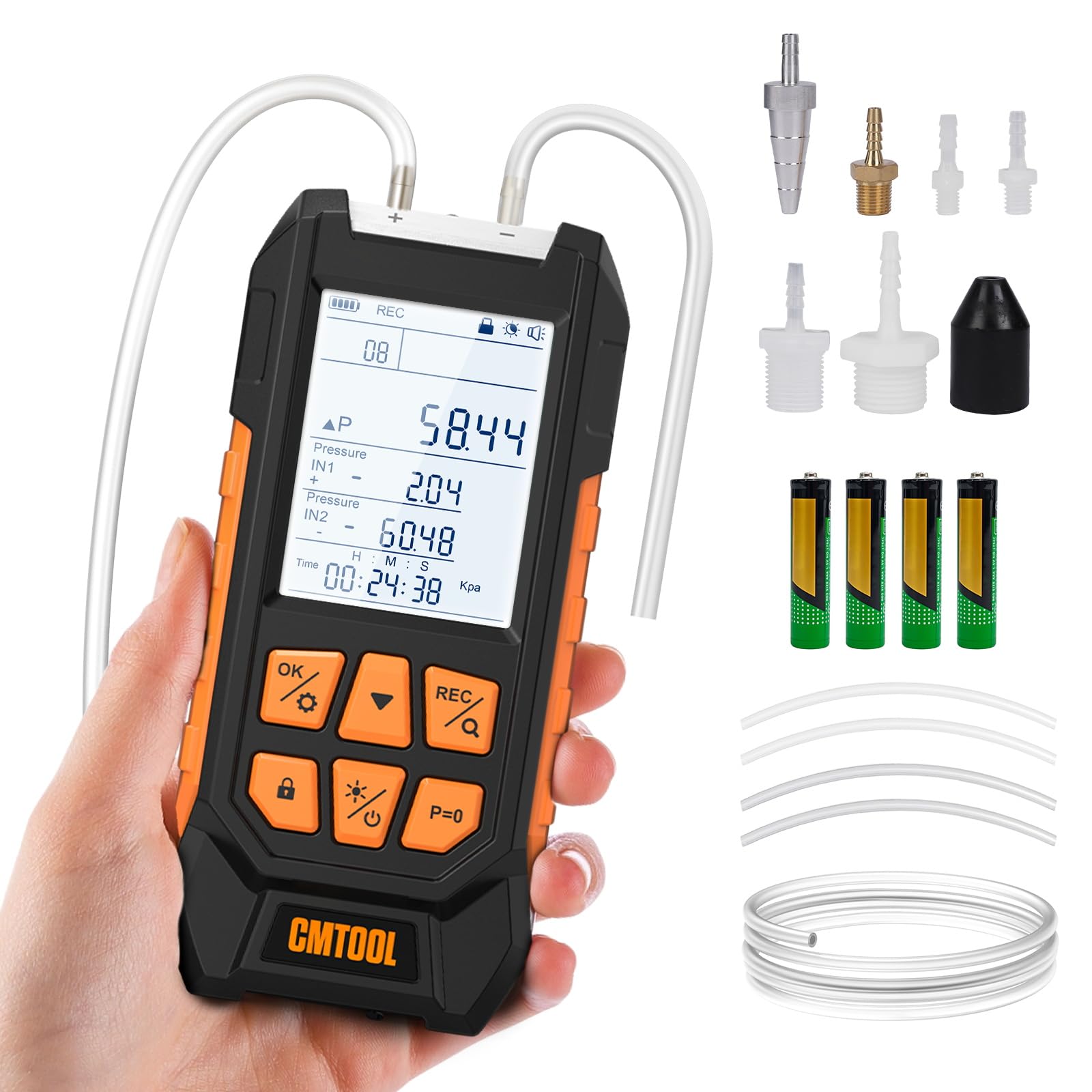 CMTOOL Manometer Gas Pressure Tester, -100-200Kpa Digital Manometer with Strong Magnet, 10 Selectable Units, Dual Port Air Pressure Tester Kit with More Fittings-picture-21