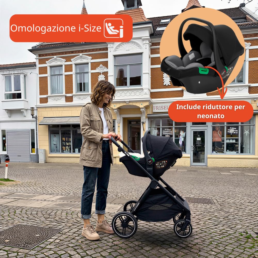 Nurse Wander C Trio Carrito de Bebé 3 en 1, Capazo Convertible en Hamaca y Silla de Coche i-Size, Plegado Compacto, con Accesorios, Gris