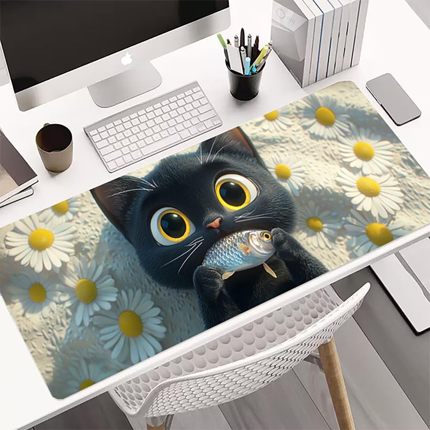 Lpfieonn Katze Großes Schreibtischunterlage, XXL Schreibtischunterlagen, Weiß XXL Wasserdicht Gaming Mousepad mit Vernähter Rand und Rutschfeste Gummibasis, für Laptop/Hause/Büro 120x60cm PF-3529