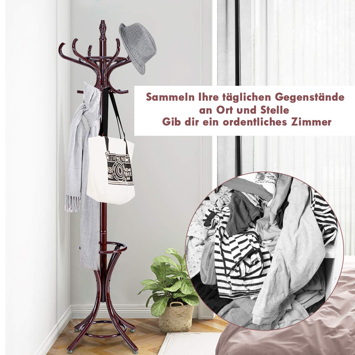 COSTWAY 184cm Garderobenständer mit Schirmhalter, Jackenständer mit 12 Kleiderhaken, Kleiderständer aus Holz, Garderobe Standgarderobe für Flur, Wohnzimmer und Schlafzimmer (Braun)