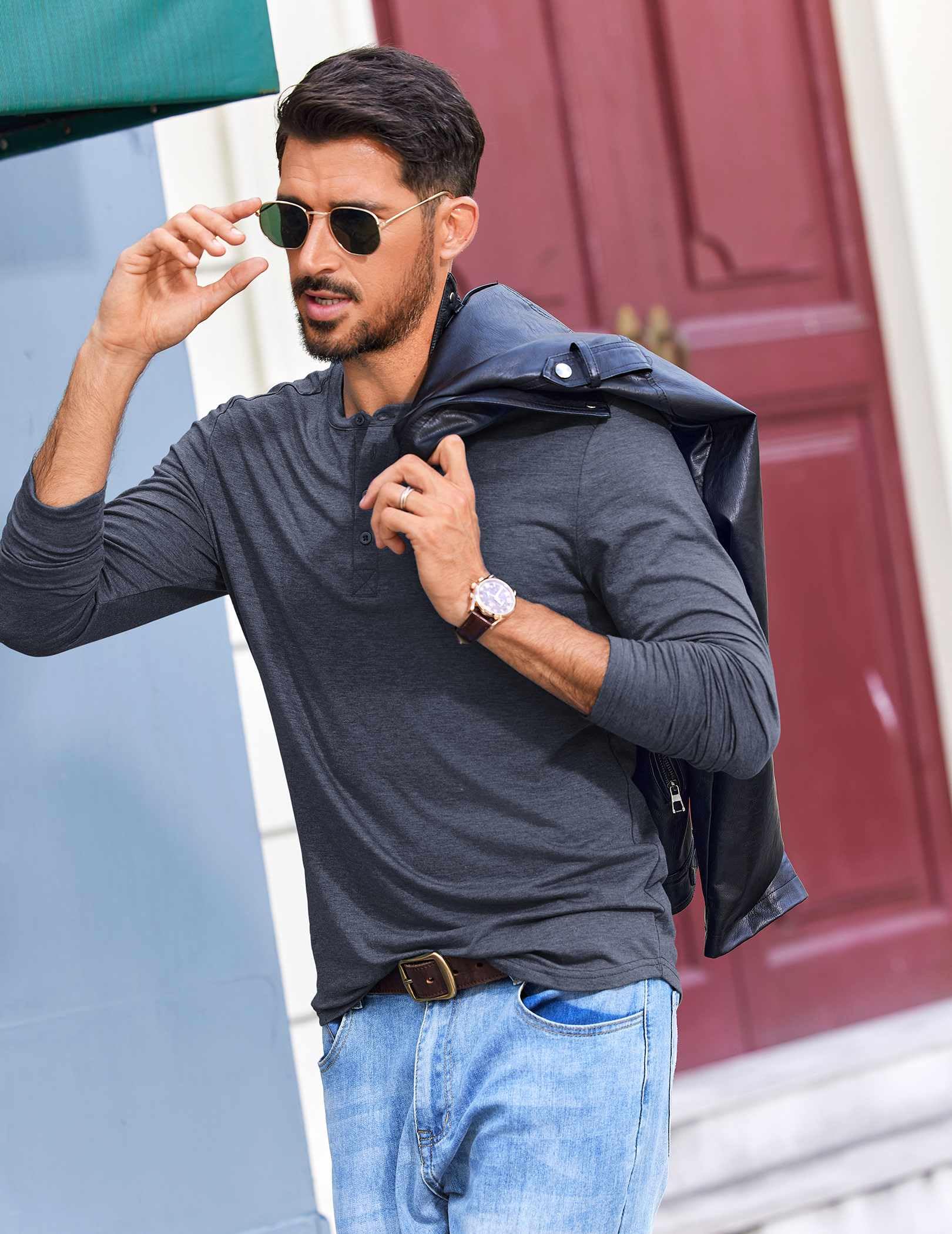 COOFANDY Henley, maglietta da uomo a maniche lunghe, leggera, alla moda, casual