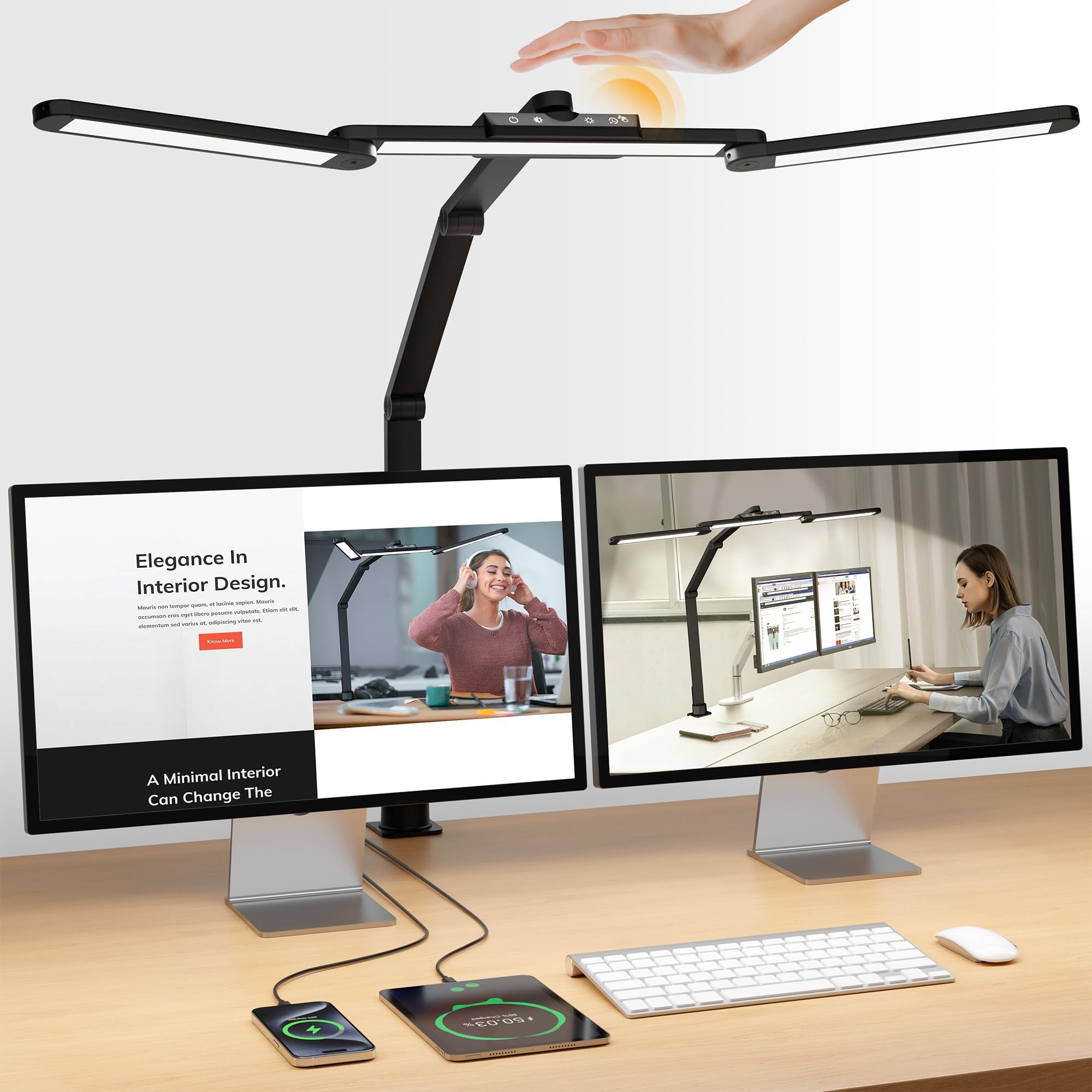 ShineTech LED Desk Lamp for Home Office, 25 Lighting Modes Swing Arm LED Lamp with Clamp, Gesture Sensor, Type C Port, Auto-Off Timer Lamp for Reading