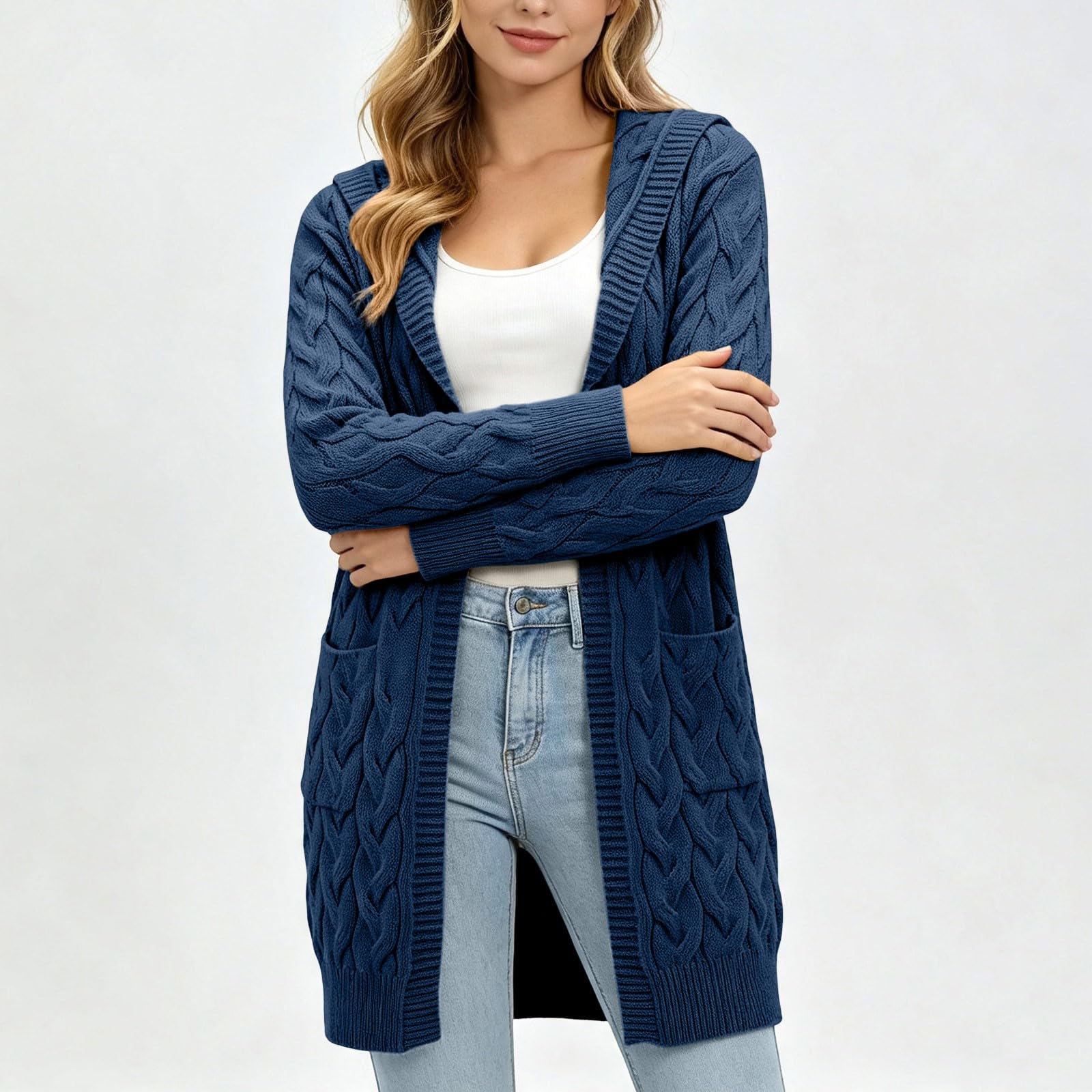 Gilet en Maille pour Femme, Torsades Texturées, Port Ouvert, Coupe Longue