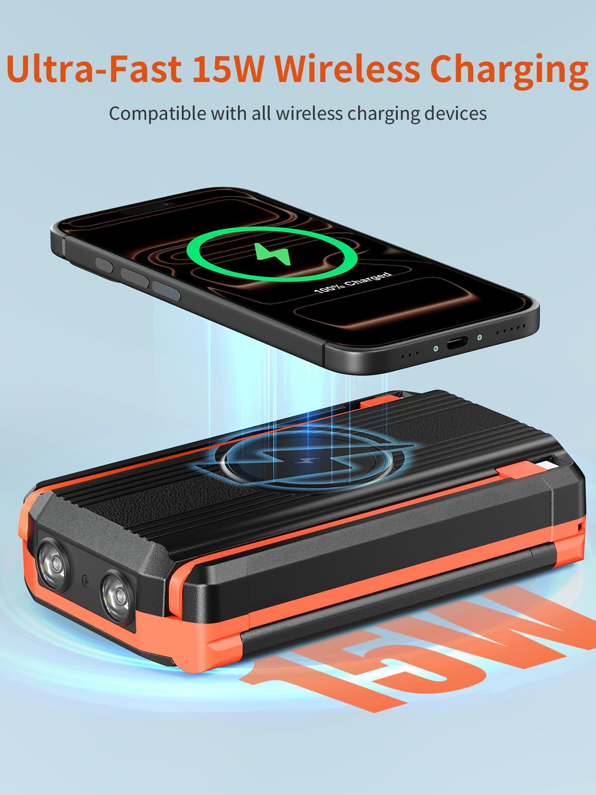63200mAh Solar Power Bank Ricarica Rapida,15W Ricarica Wireless | 30W PD 3.0 A USB C Powerbank con 2 Cavi, 5 Uscita & 2 Ingresso, Spie luminose a LED, Torcia, Caricatore Portatile
