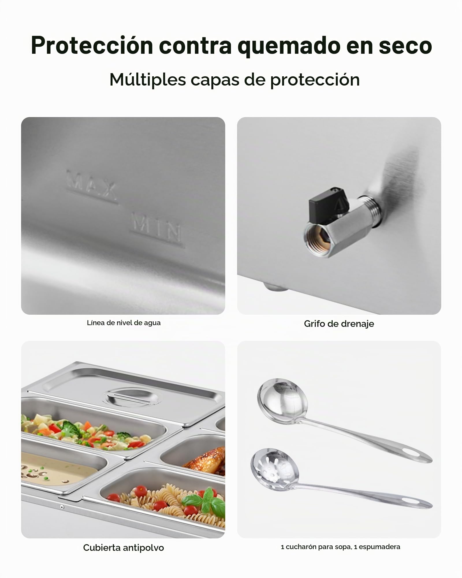 VEVOR Calentador de Alimentos 1500 W, de Acero Inoxidable, con Tapa, para 6 Sartenes, para Bufé de Encimera, Baño María con Cucharones para Sopa y Perforados, para Catering, 710 x 568 x 280 mm