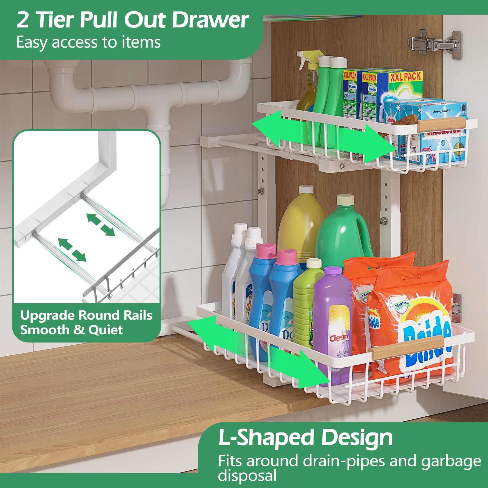 ADRIMER Organizzatore sotto il lavandino, confezione da 2, organizer estraibile per lavello da cucina, organizer da cucina a 2 livelli e ripiano portaoggetti in metallo di alta qualità, bianco