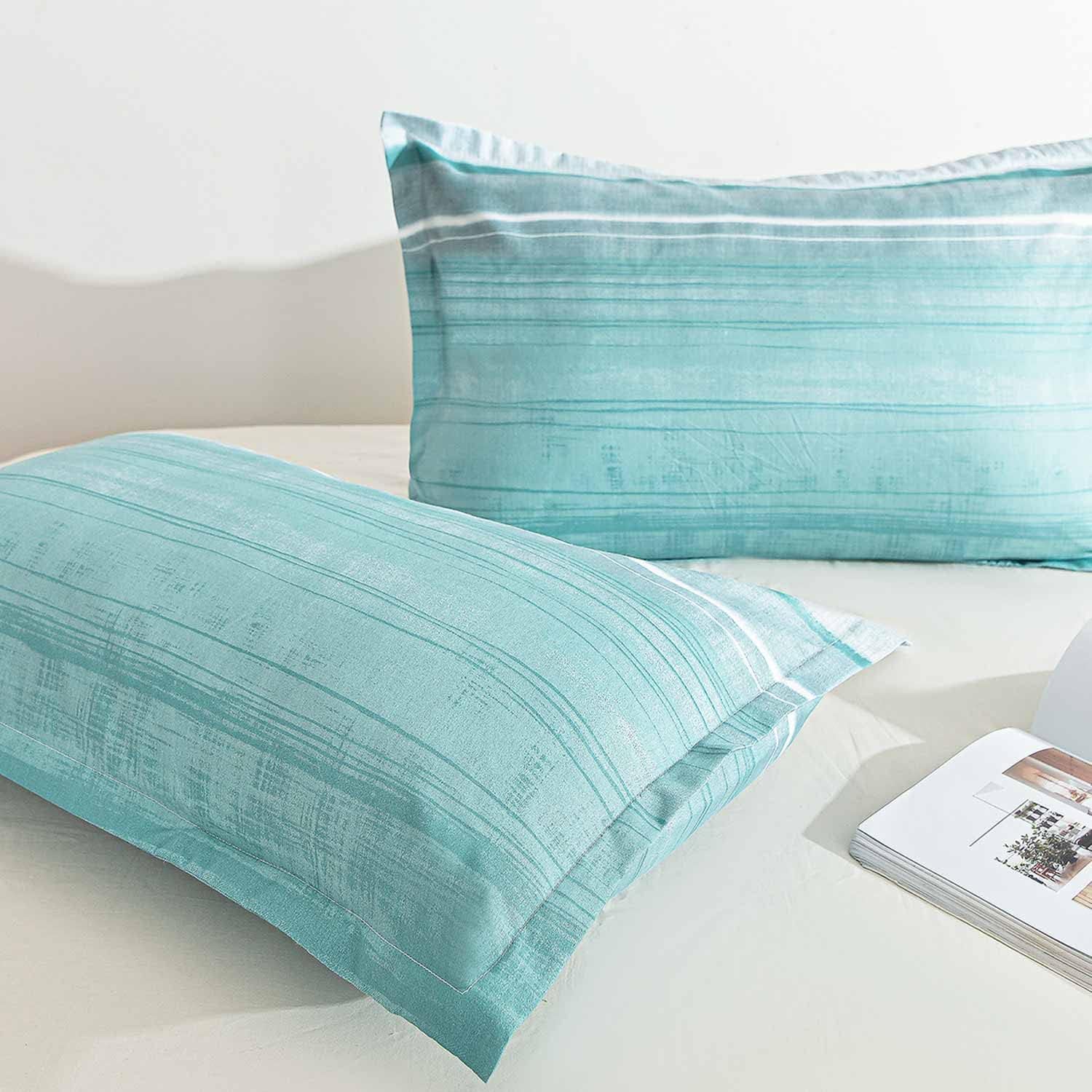 ETDIFFE Comforter Set Queen Size, 3pc Teal Grey and Blue Gradient Striped Pattern Bedding Set - Modern Soft & Lightweight All Season Farmhouse Microfiber Down Alternative Comforter (90x90)