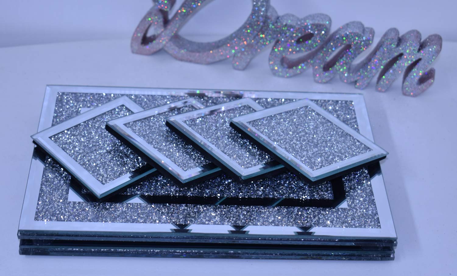 Deenz Silver 10X10cm Square Shape Coasters 20X30cm Crushed Diamond Crystal Placemat Table Worktop Mat, Set Of 4 Coasters And 2 Placemat