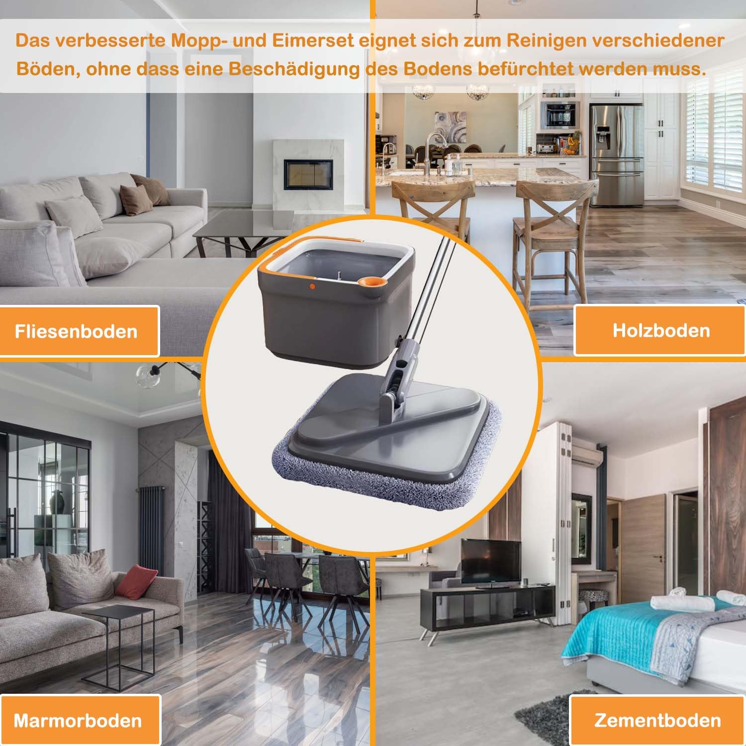 Bodenwischer Wischmopp Set Spin Mopp und Eimer Set mit 6 Mikrofaser-Mopppads mit Selbsttrennendem Schmutz und Frischwassersystem Selbstauswringendem um 360°Drehbarem Quadratischem Moppkopf