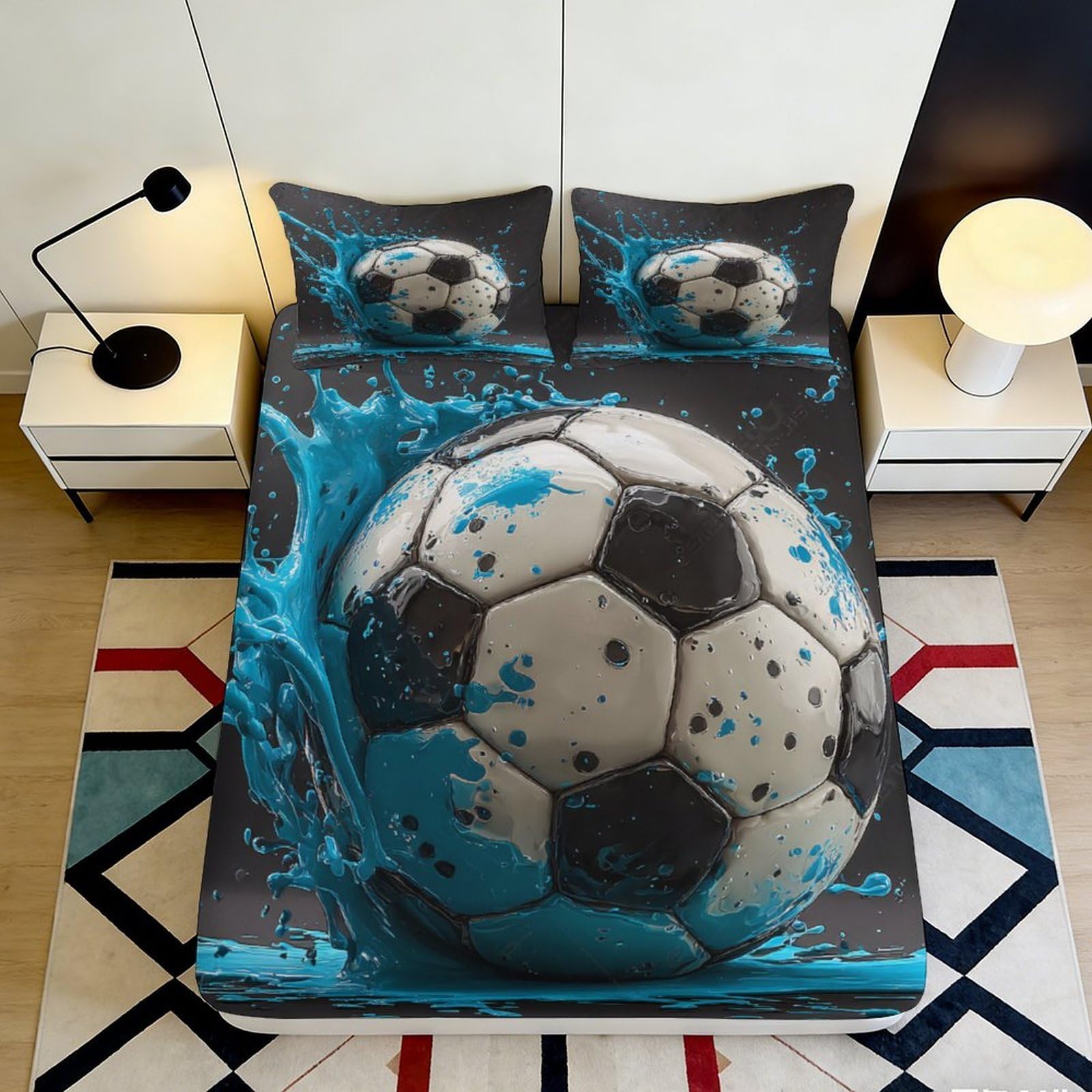 3D Printed Soccer Ball Fitted Sheet Microfiber Soft Breathable Splash Design Mattress Cover for Bedroom Dormitory Guest Room 90x200x25cm