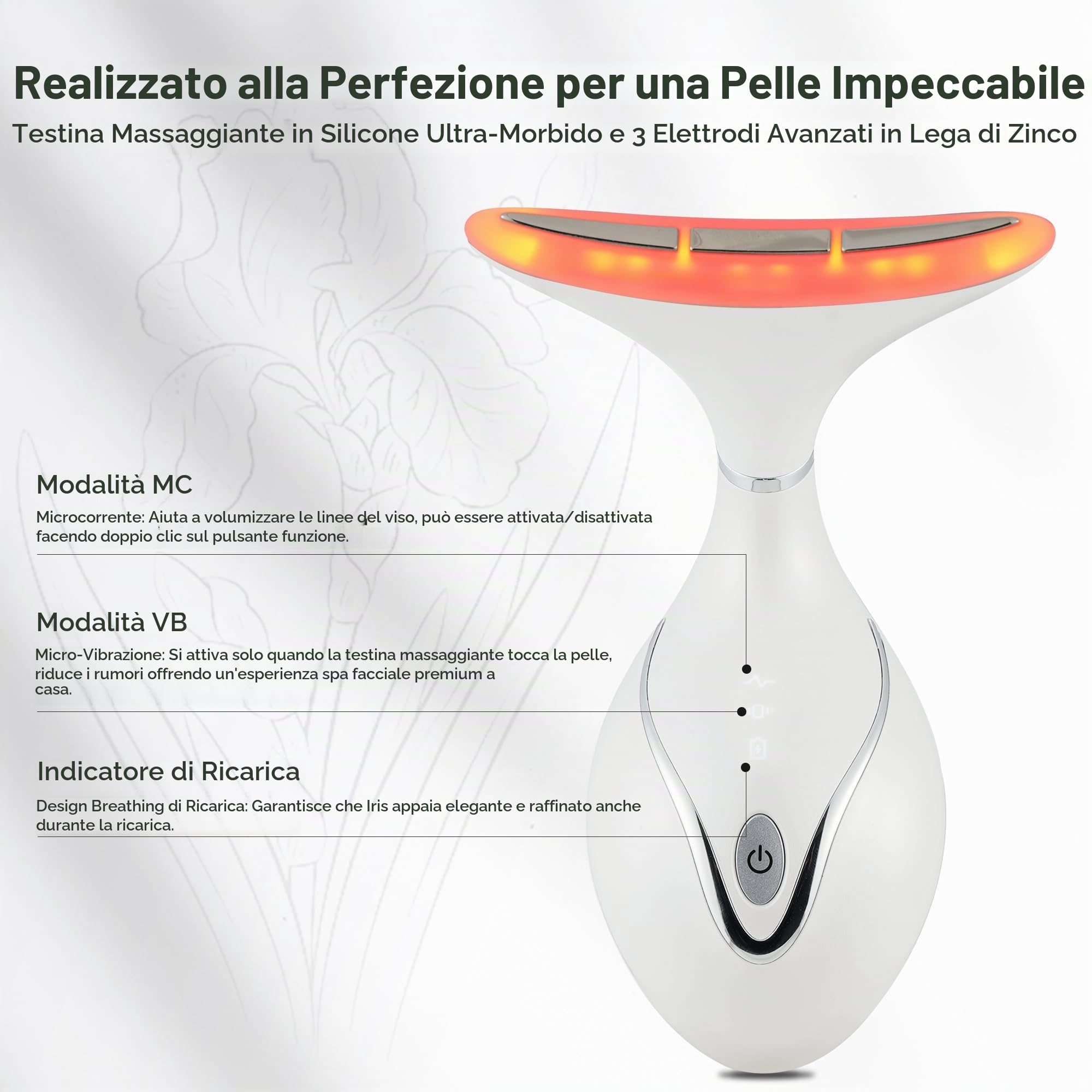 VRAIKO Iris Massaggiatore per Collo e Viso,Strumento di Sculpting Faciale con Base di Ricarica,Massaggio Microcorrente per Sollevamento,LED Triple-Action e Termico per Migliore Assorbimento (Bianco)