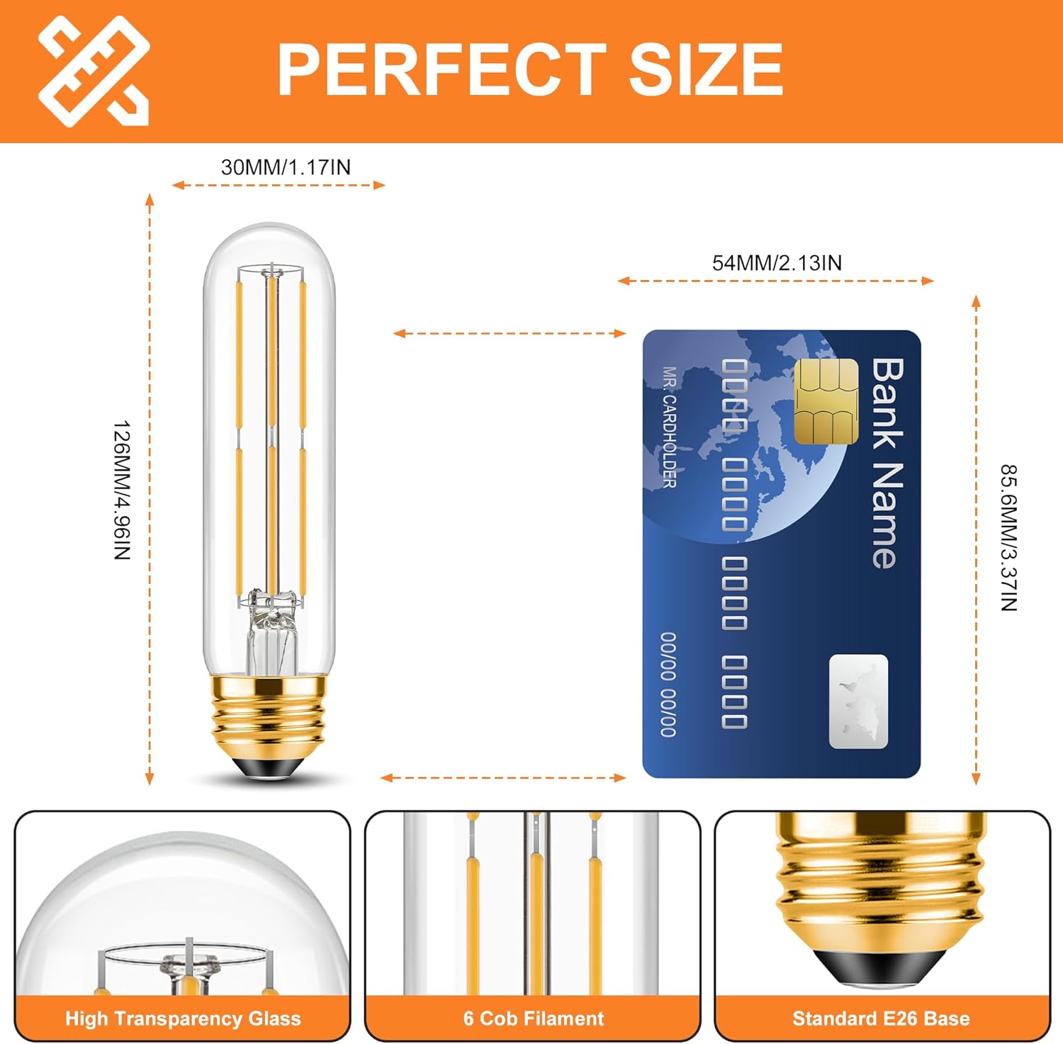 ToBeGreat T30 LED Light Bulbs 6 Watt Equivalent 60W E26 Tubular Bulbs T10 Edison LED Filament Bulb Warm White 2700K,Desk Lamp,Bedbroom Cafe Restaurant Party,Dimmable (Warm White 2700K, 5 in (2pack))
