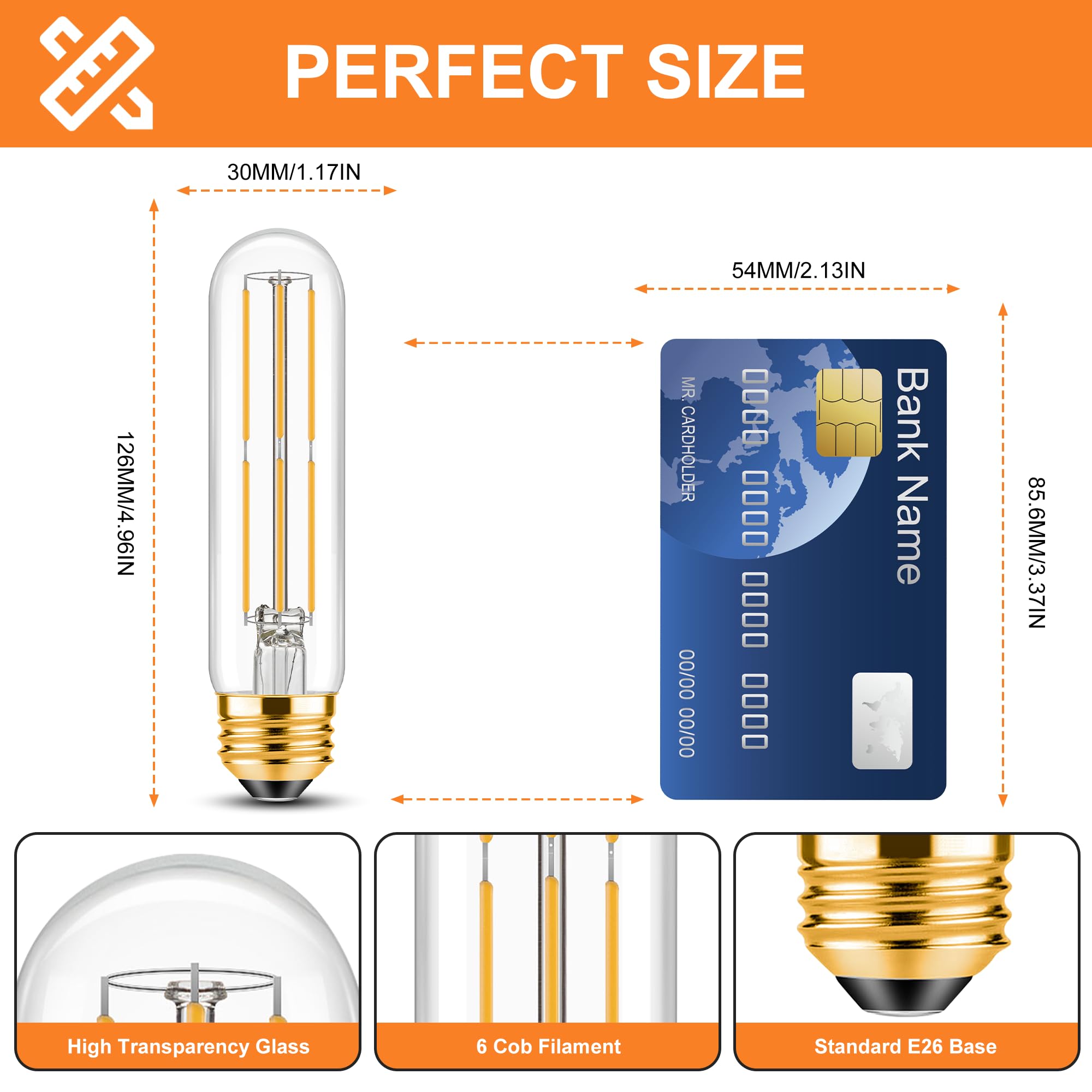ToBeGreat T30 LED Light Bulbs 6 Watt Equivalent 60W E26 Tubular Bulbs T10 Edison LED Filament Bulb Warm — view 3