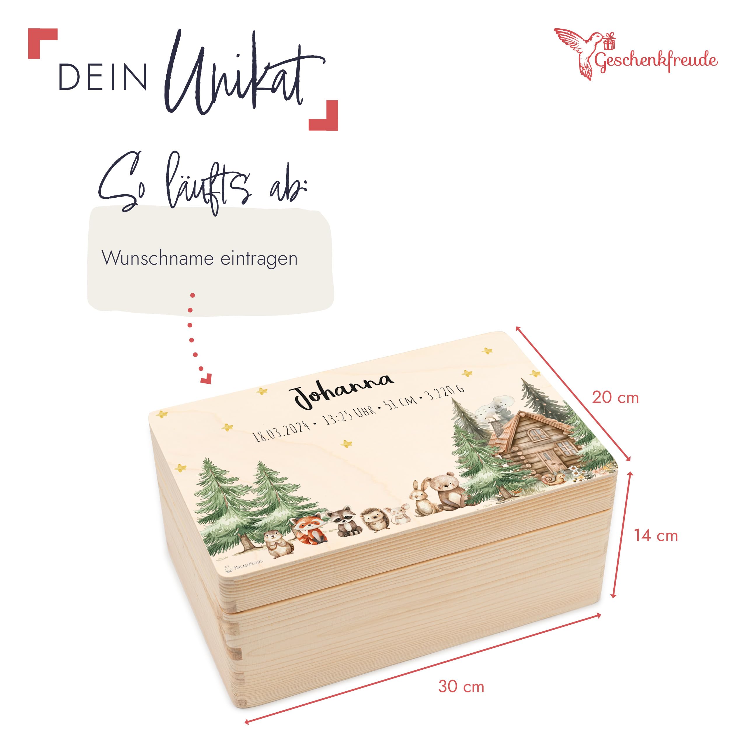 Geschenkfreude Erinnerungsbox Baby Personalisiert - 30x20x14cm - UV-Druck - Individuelle Baby Aufbewahrungsbox - tolle Erinnerungskiste aus Holz - Einzigartige Geschenke zur Geburt - Waldfreunde