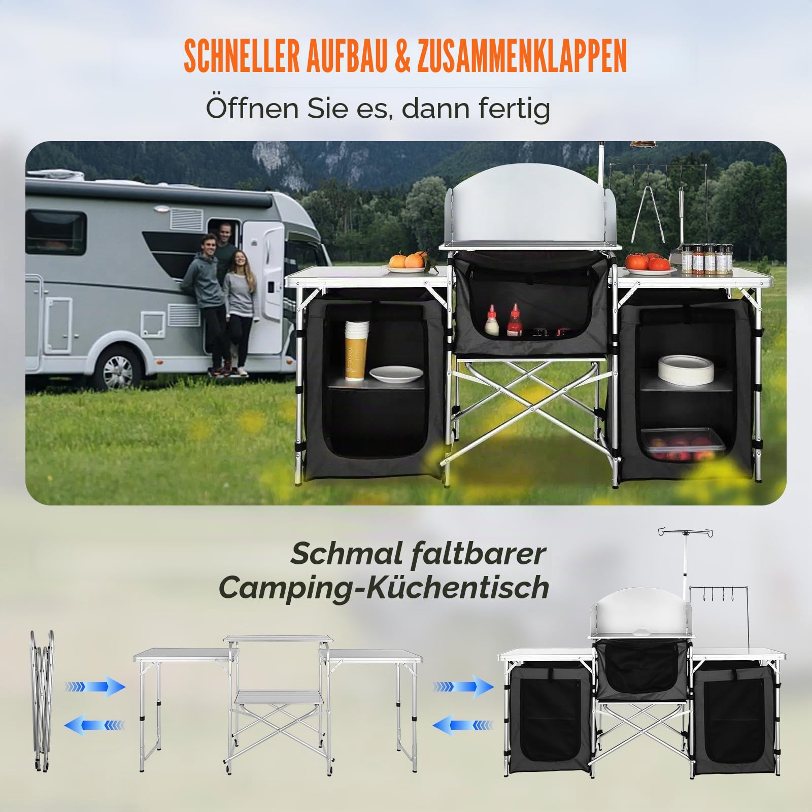 VEVOR Camping-Küchentisch, Klappbarer Outdoor-Kochtisch mit Aufbewahrungstasche, Aluminium-Kochstation mit 3 Schränken und Abnehmbarer Windschutzscheibe, Schneller Aufbau für Picknicks usw.