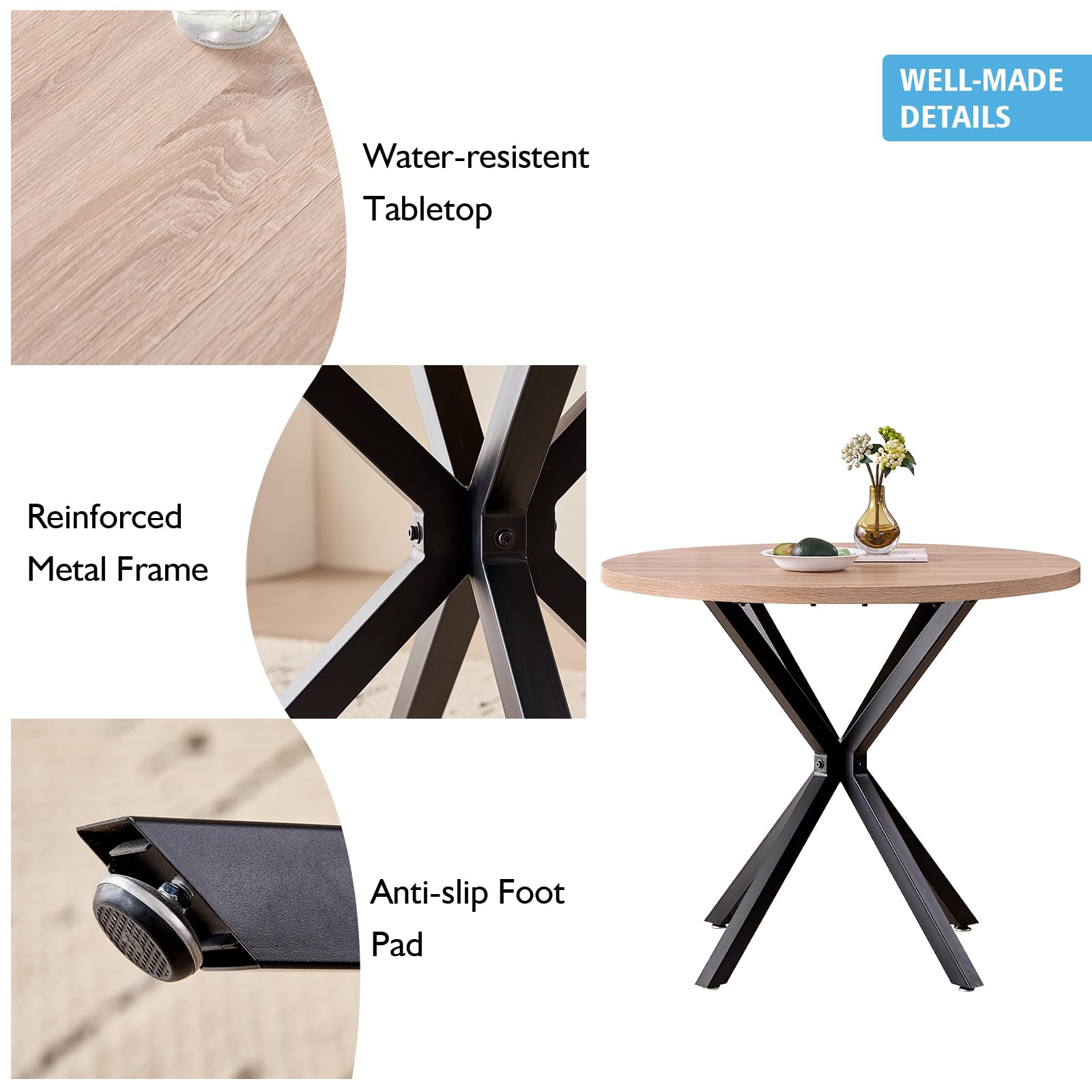 Esstischgruppe mit 4 Stühlen, 100cm Runder Tisch mit 4 Gepolsterte Samt-Esszimmerstühle, Mittelcentury Modern Design für Küche, Wohnzimmer, Restaurants (Helle Holzmaserung+Grau)