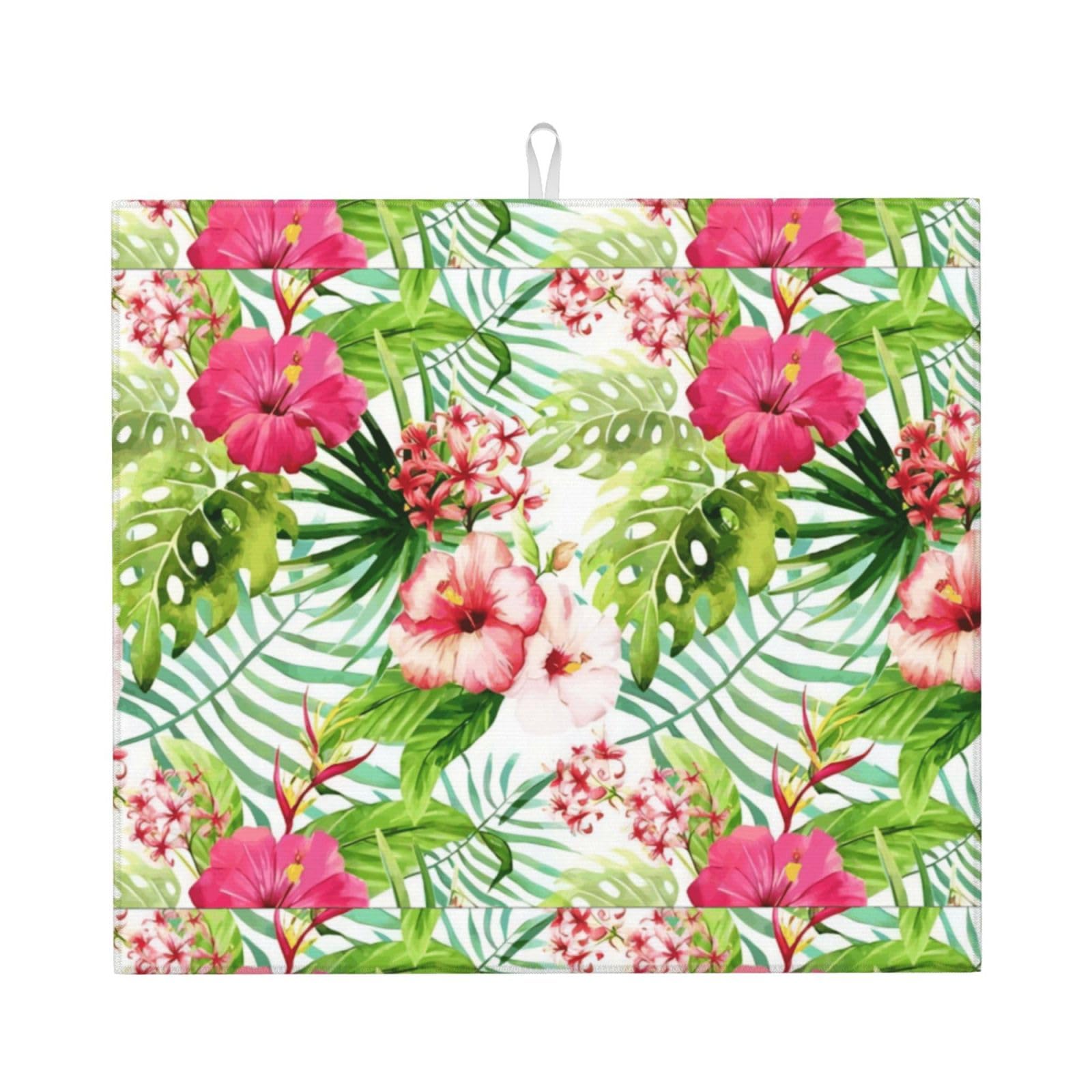 HJFCZH Hibiscus Flower Prints Kitchen Drying Mat – Absorbent Dish Throw for Countertops, Quick-Dry Non-Slip Layer with Colorful Designs, for New Kitchens