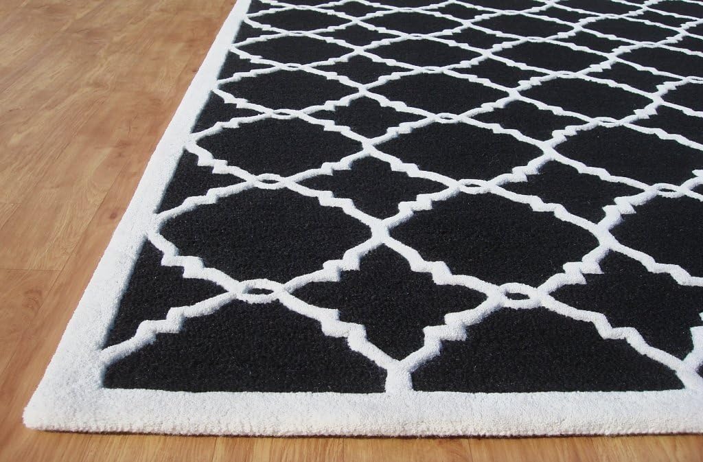 Unifine Style Art Modern Lattice Trellis Loop Cut Handmade Wool Area Rug Carpet - Black, 10' x 14'
