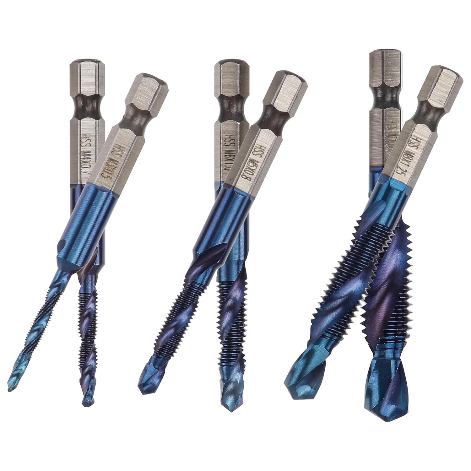 Ipetboom 6pcs M35 Blue Coated Metric Thread Drill and Tap Bit Set Hex Shank Screw Tapping Tool for Metalworking, Includes M3-m10 Spiral Tap Drill Bits Suitable for High-Speed Drilling