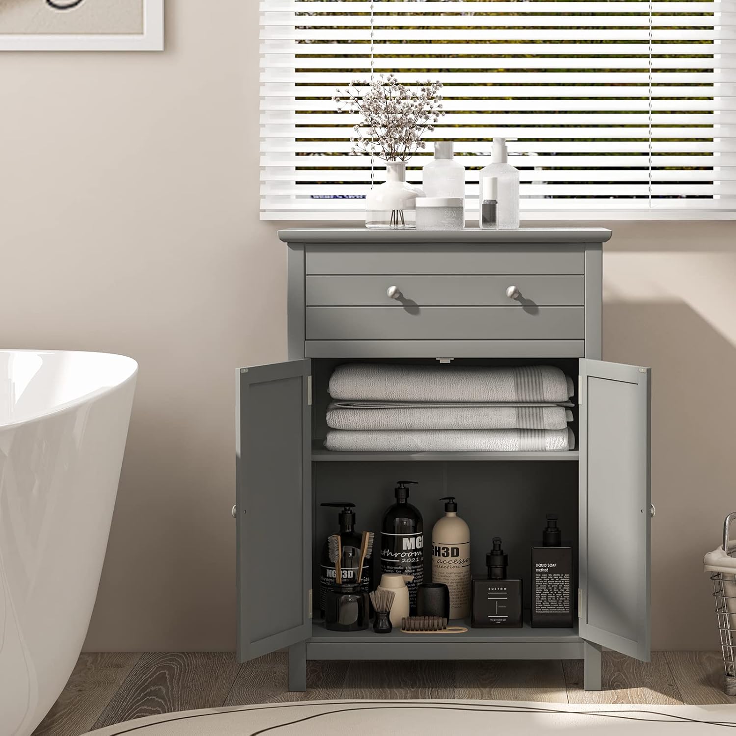 Giantex Bathroom Storage Cabinet with Drawer - Floor Cabinet with Doors, Adjustable Shelf, Storage Organizer for Entryway, Laundry Room, Kitchen, Living Room, Bedroom, Freestanding Cupboard (Gray)