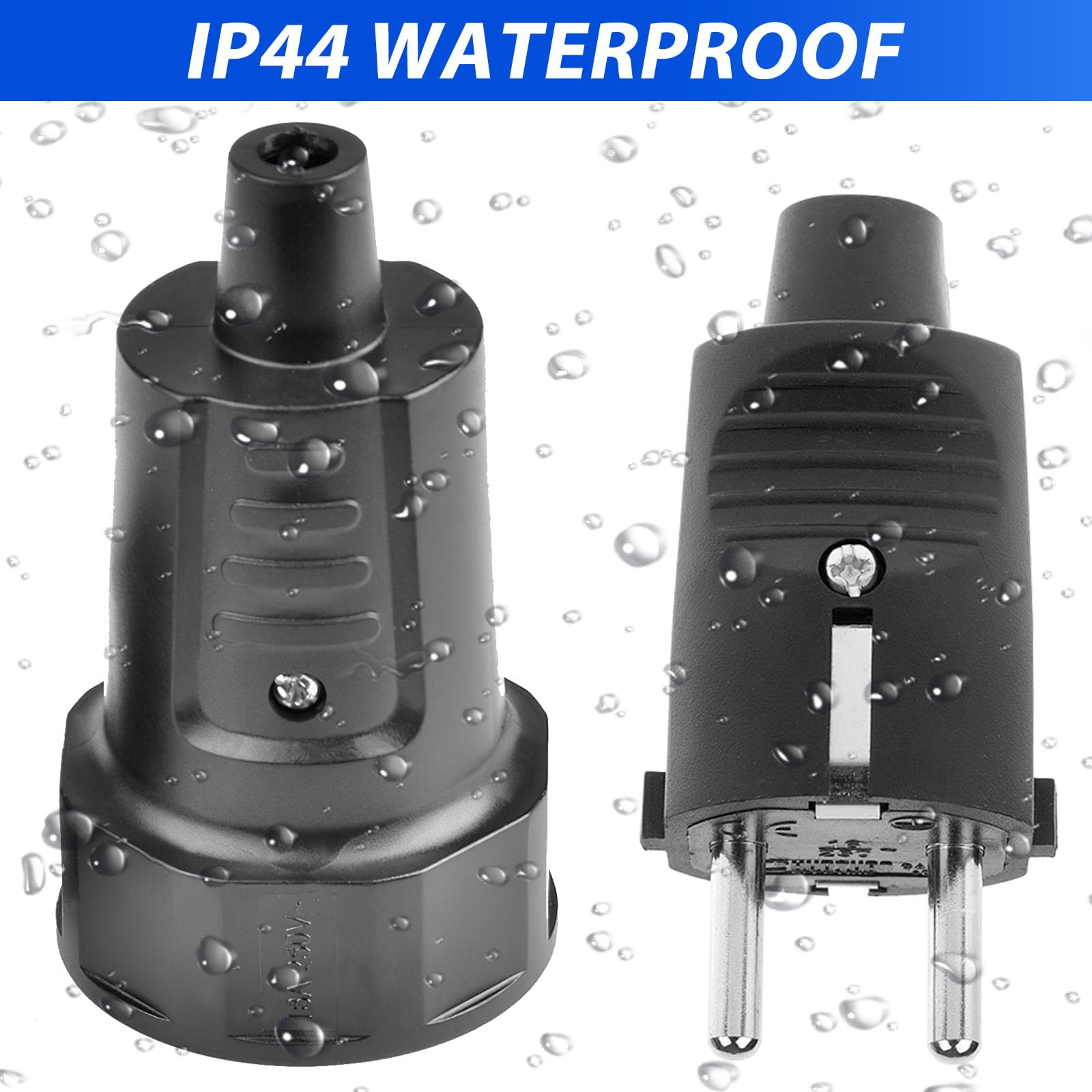 2 coppie spine e giunti 250V 16A IP44 Set di giunti spina Schuko con protezione antipiega Giunto spina Schuko a 2 poli Spina di sicurezza in gomma nera per esterni impermeabile