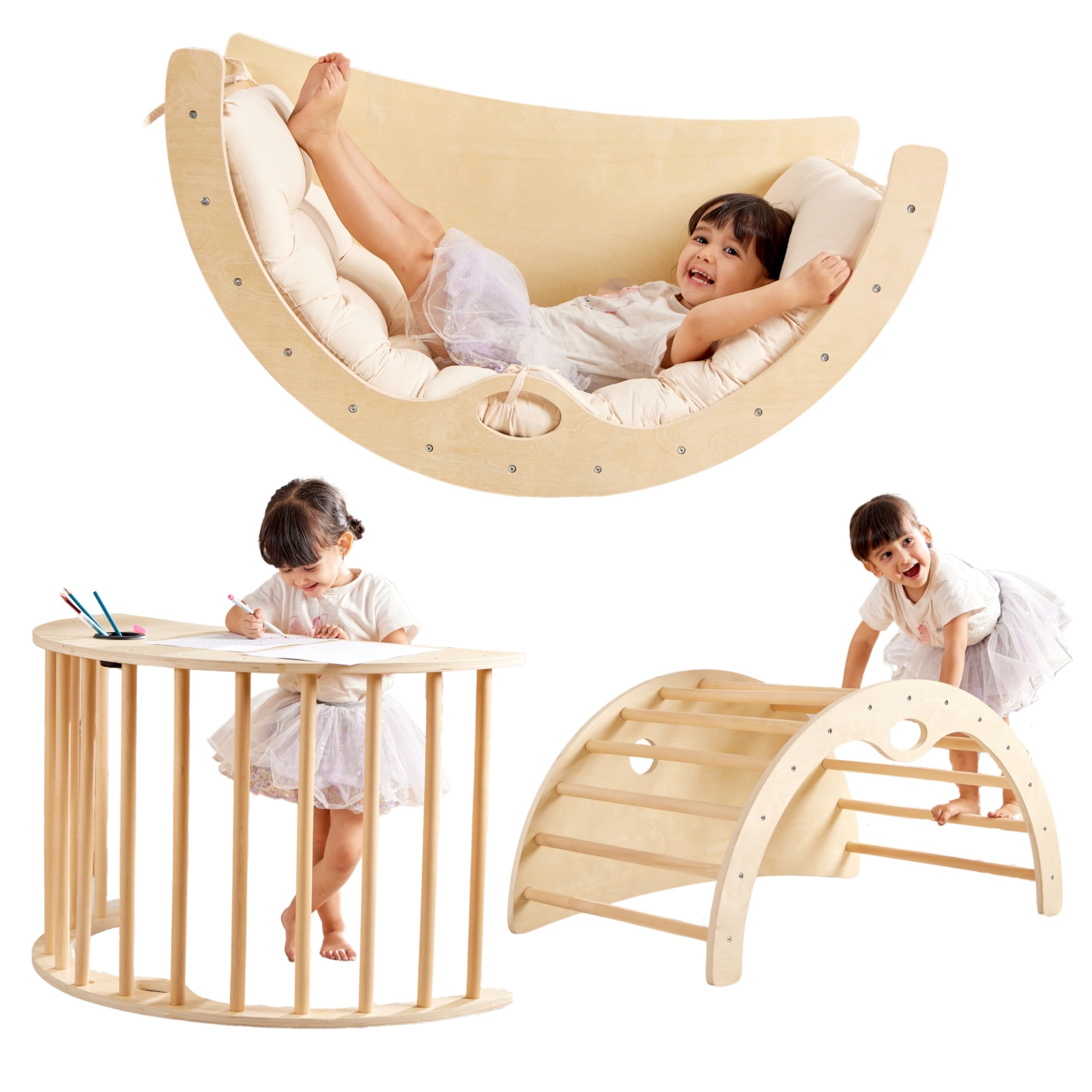 Teedum Baby Motor Skills – Pikler Triangle in the Shape of Montessori Arch, CE Certified for Children 1-9 Years: Baby Crawl, Motor Skills & Autonomy Development Module + Cushion Included