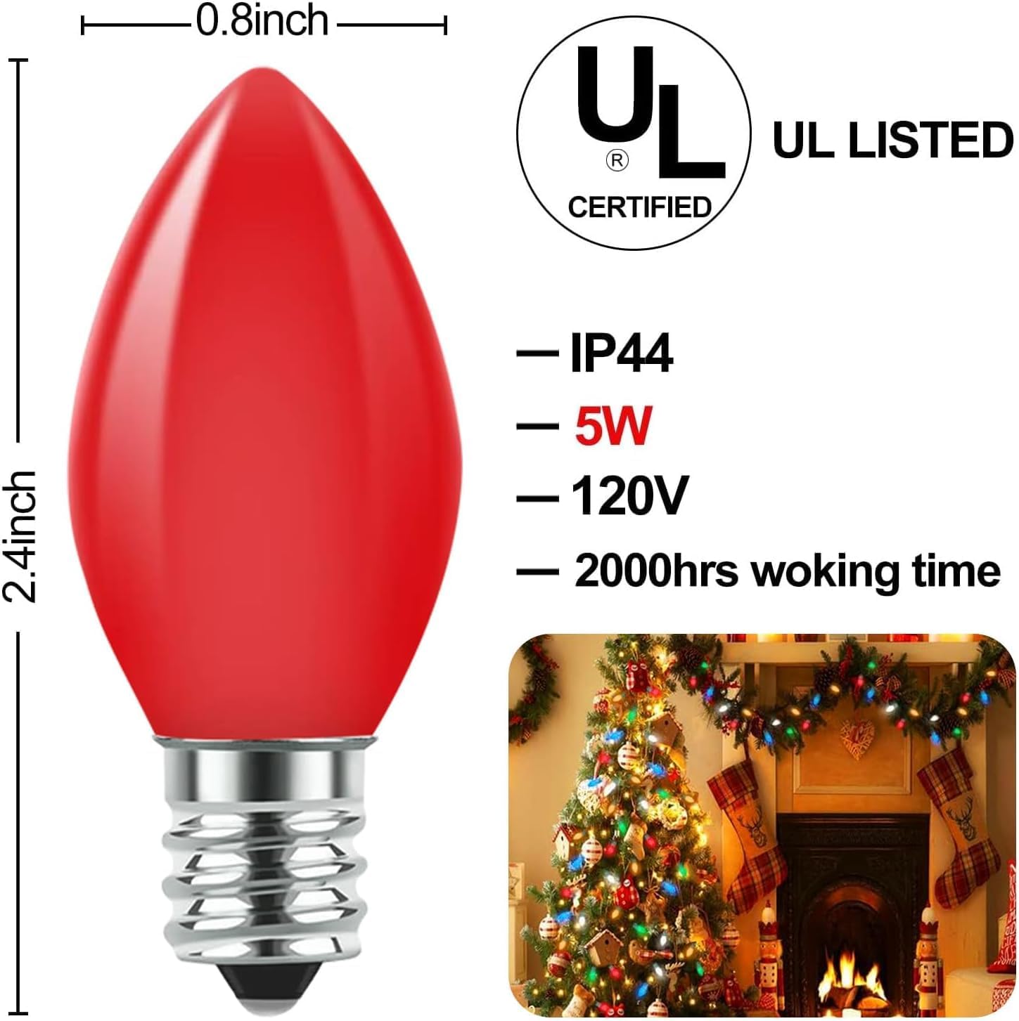 25 Pack C7 Multicolor Christmas Lights Replacement Bulbs, 5W Incandescent Bulb, Warm White 2200K, E12 Base, Waterproof C7 Night Light Bulbs for Christmas String Lights Outdoor Indoor Home Party Decor