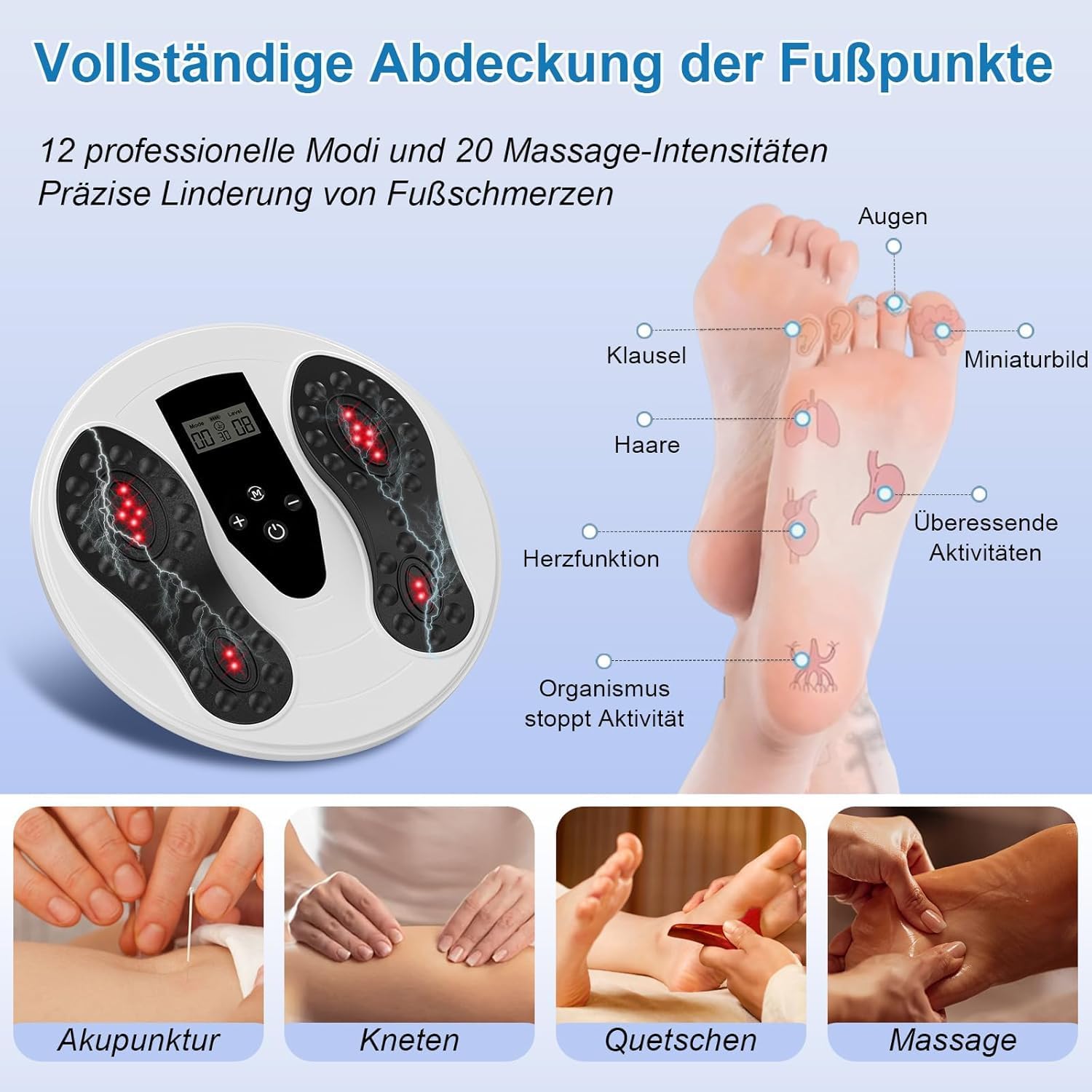 EMS & TENS Fußmassagegerät mit 660nm + 850nm Rotlichttherapie, Durchblutungs-Stimulator für Beine und Füße, Elektrische Fußmassage mit 4 Pads, 10 Modi & 20 Intensitätsstufen