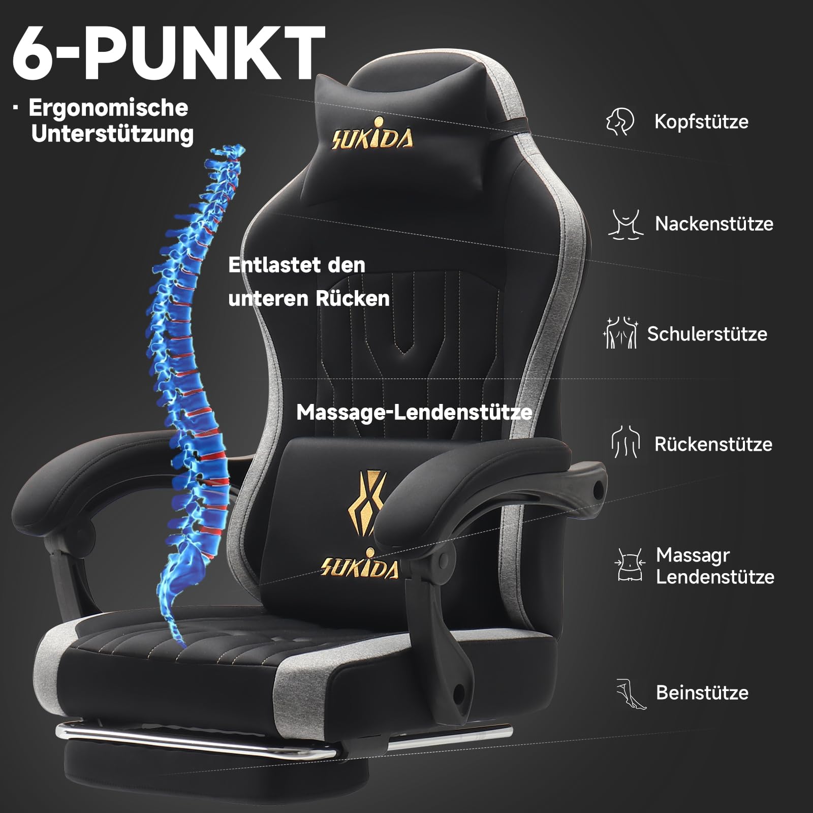 Gaming Stuhl Ergonomischer Elastischer Stretchstoff, Gaming Chair mit Fußstütze Kopfstütze Lendenkissen, Höhenverstellbarer Schreibtischstuhl Neigbar, Bürostuhl für Gaming und Homeoffice,Schwarz