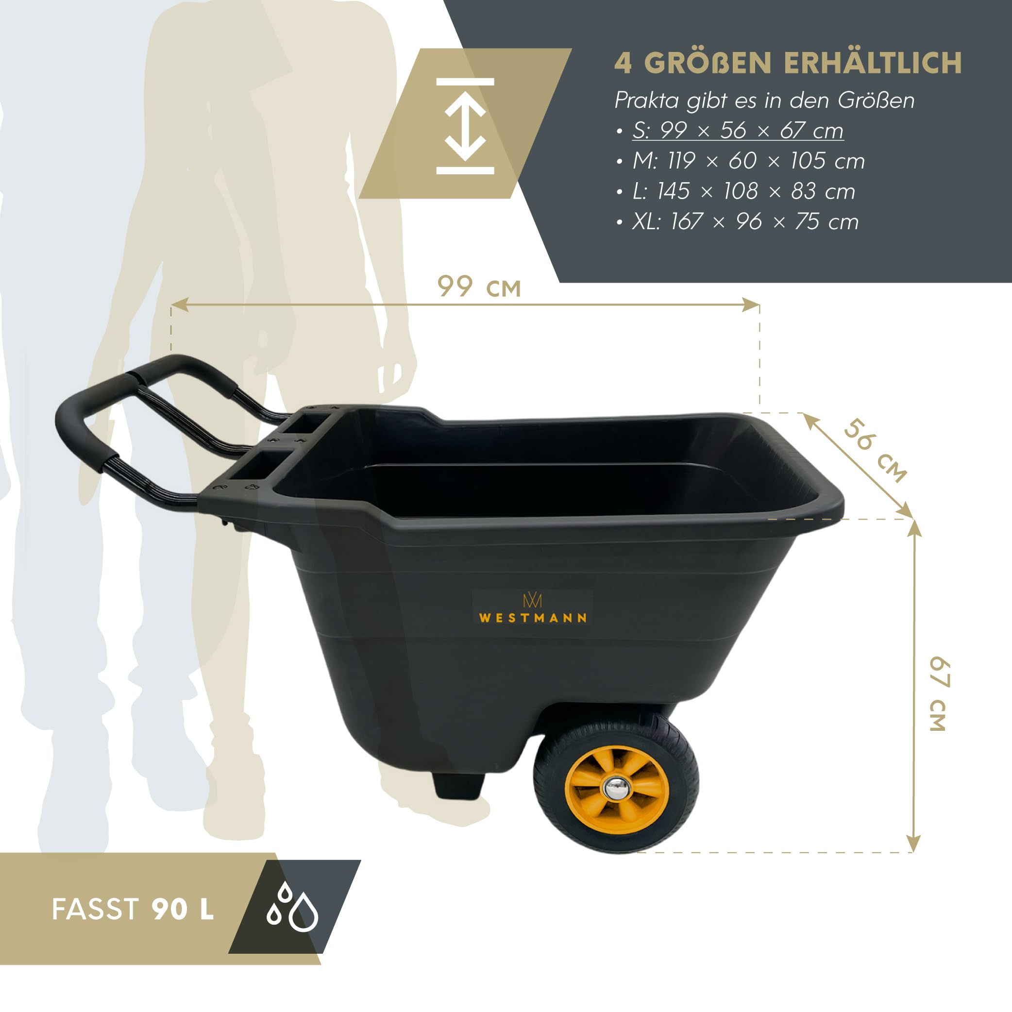 Westmann Prakta S Schubkarre | Kunststoffwanne mit Stahlrahmen | Luftreifen & Kippfunktion | 90 L | Traglast 150 kg (90 L)