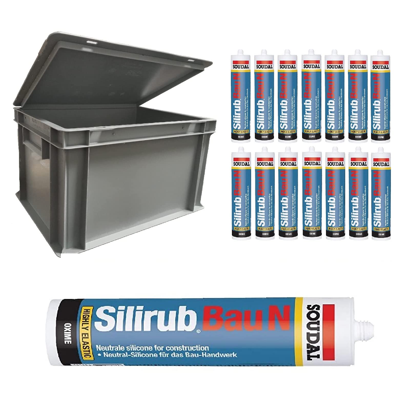 15x Soudal Silirub Bau N Bausilikon Silkon transparent 310ml + 1x Stabilo Universal Box 400x300x235 mm mit Deckel