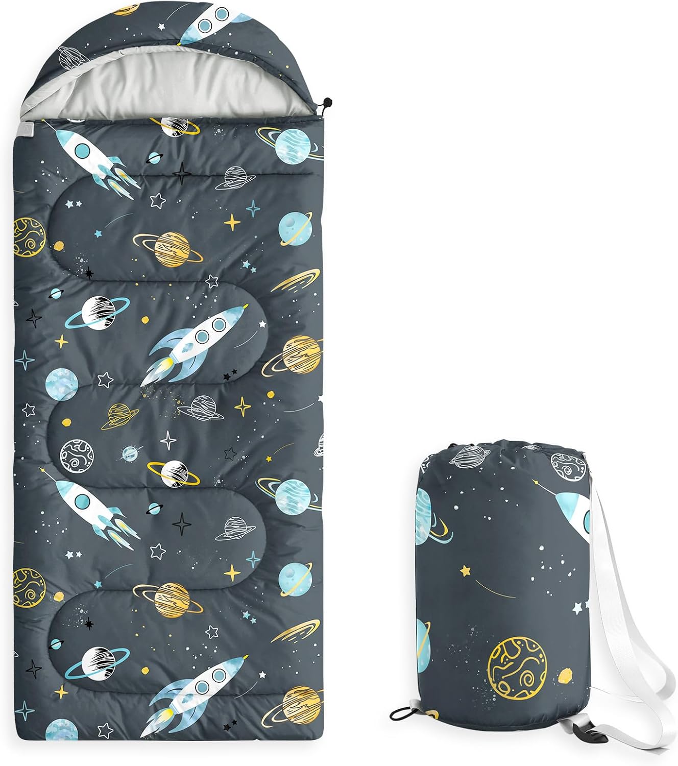 Wake In Cloud - Kids Sleeping Bag for Boys Toddlers, Camping in Warm Cold Weather, Backpacking Lightweight Compact Outdoor Liner for 3 Seasons, Space Rockets