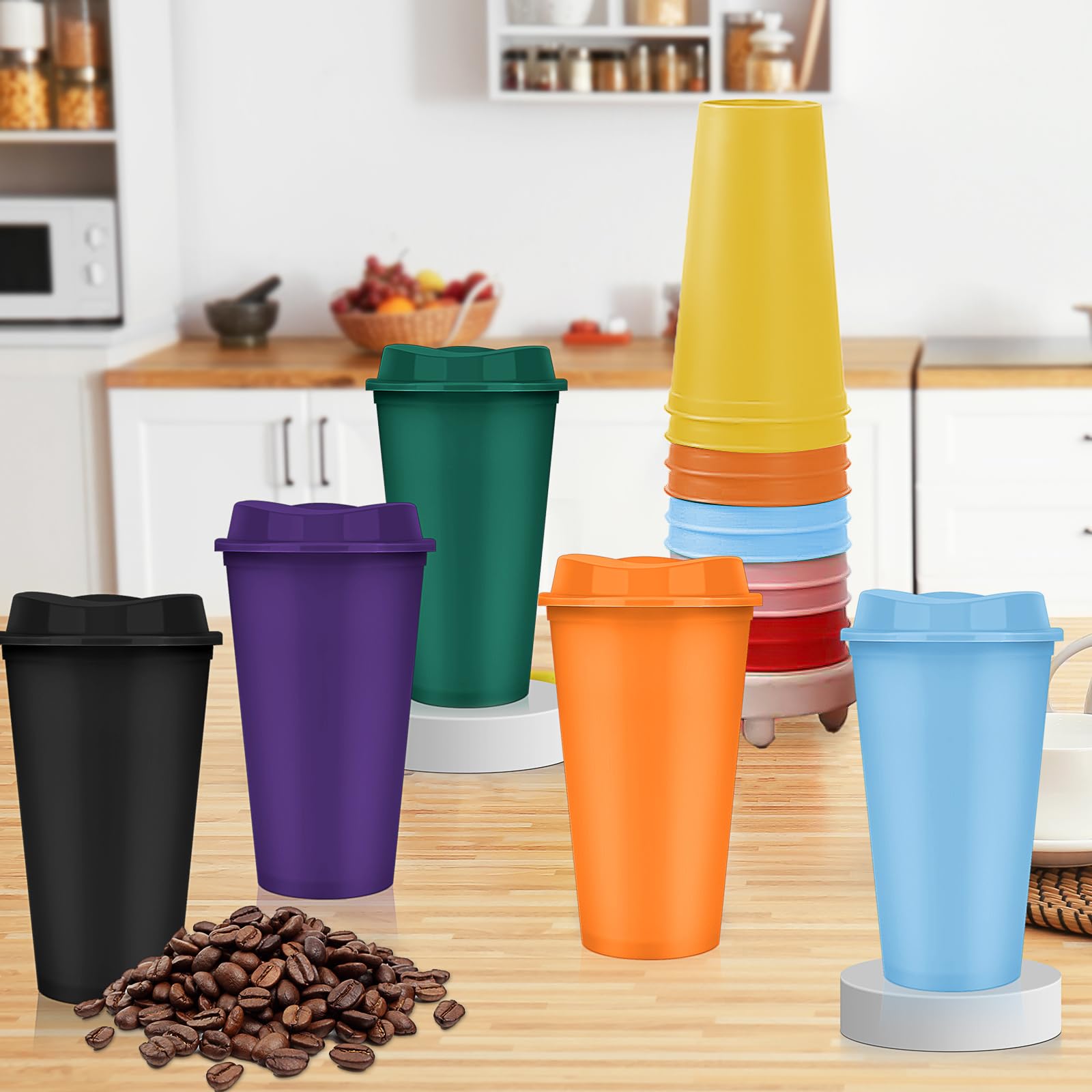 Wiederverwendbare Kaffeetassen mit Deckel, 473 ml, Kaffeebecher aus Kunststoff, für heiße und kalte Getränke, bunt, 24 Stück