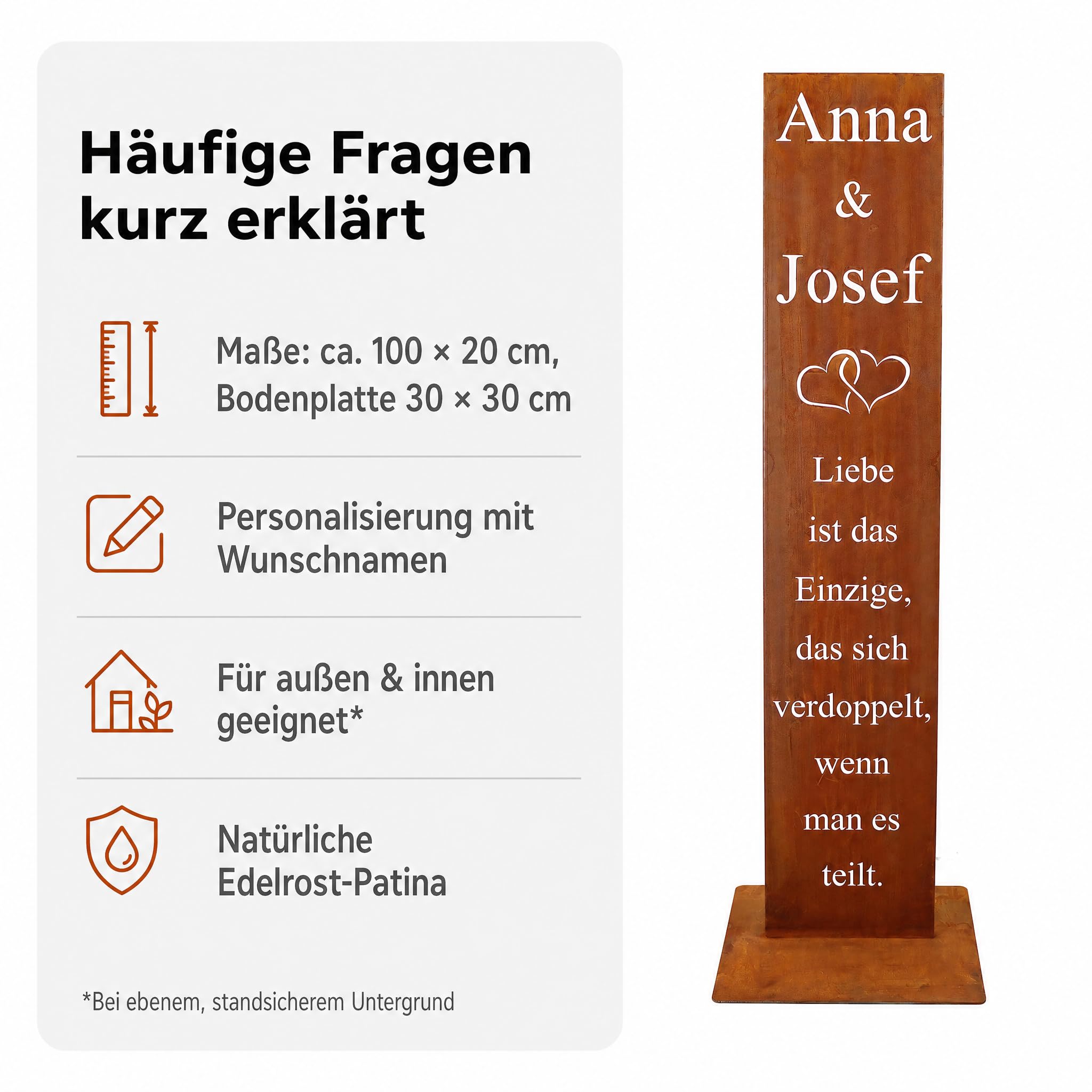 Rostikal Edelrost Spruchtafel 100 cm aus Cortenstahl – personalisierte Deko zur Hochzeit mit Namen & Herzmotiv – freistehendes Schild, handgefertigt in Bayern, Hochzeitsgeschenk