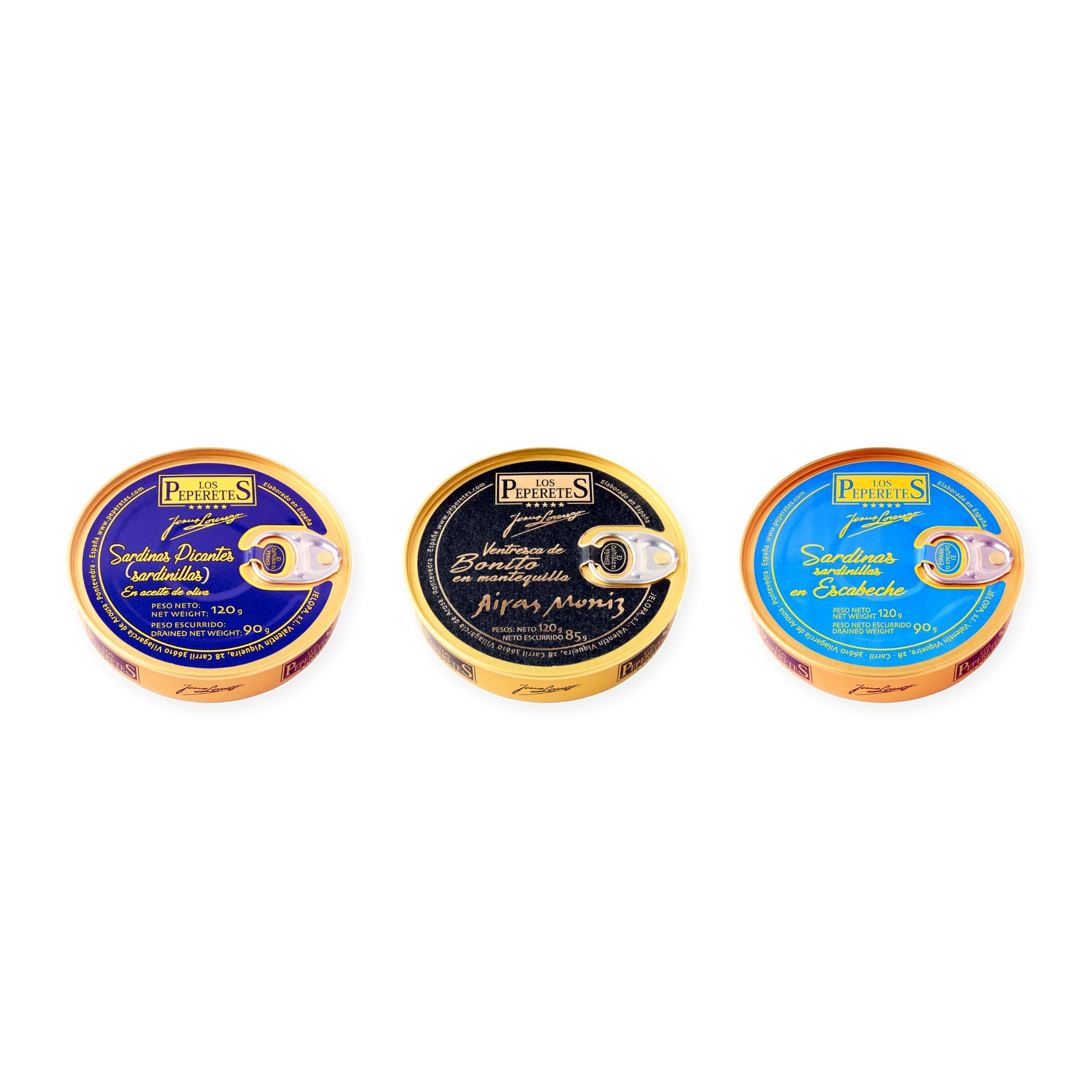 los peperetes conservas Sardinillas Picantes, Ventresca Bonito Mantequilla y Sardinillas Escabeche pack 3 latas