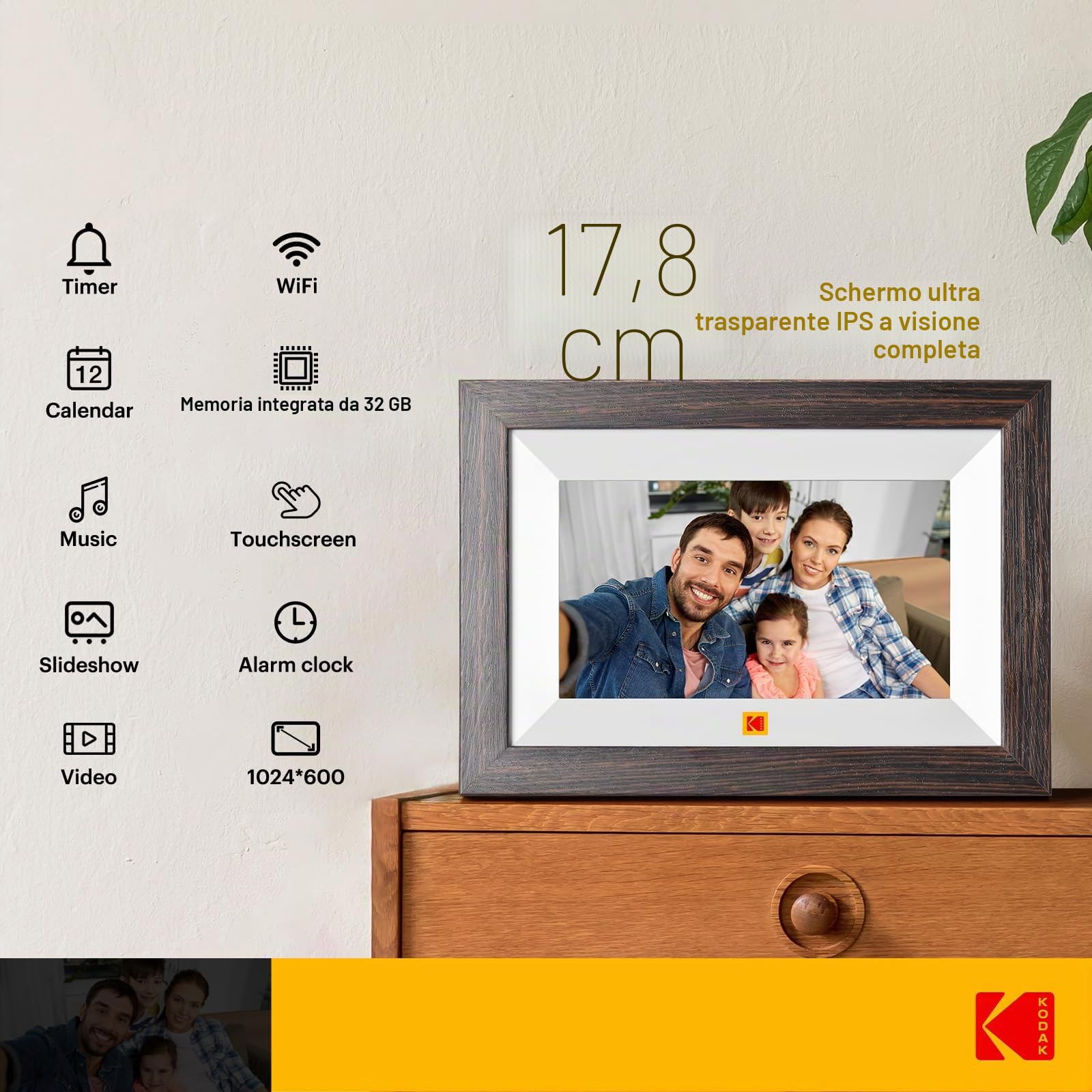 KODAK Cornice Digitale WiFi Cornice Foto Digitale, 7 Pollici HD IPS Touchscreen, Legno Cornici Elettronica con 32GB di Memoria, Portafoto Digitale Condivisione di Foto/Video via APP o Cavo di USB C