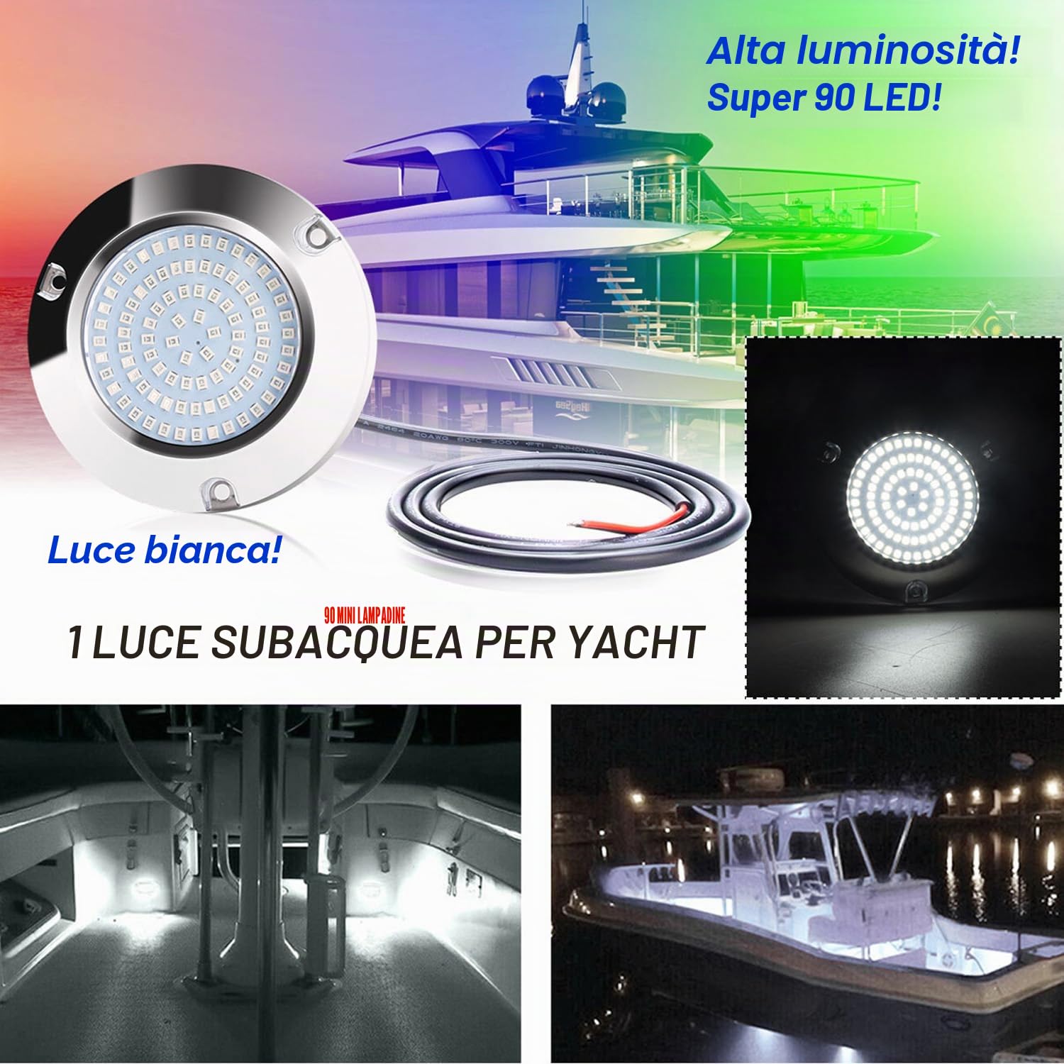 Greluma 2 Pz Luce di poppa rotonda a 90 LED per pontoni marini, luci da pesca di poppa per pontili in acciaio inossidabile IP68 impermeabili, DC 12-24 V, bianche