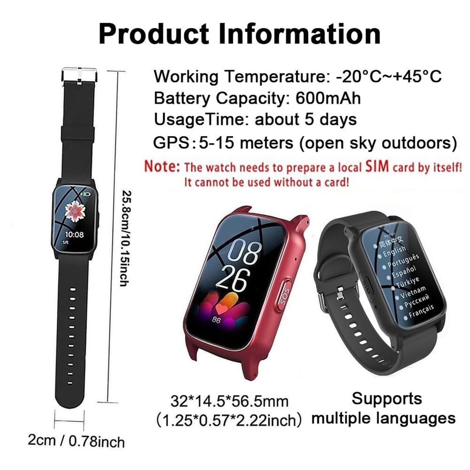 Mothdust Orologio Emergenza Per Anziani Con Sensore Cadute Tracker GPS Videochiamata HD Monitoraggio Salute Cinturino Silicone IP67 Impermeabile Smartwatch Per Alzheimer Tracking Sicuro(Red)