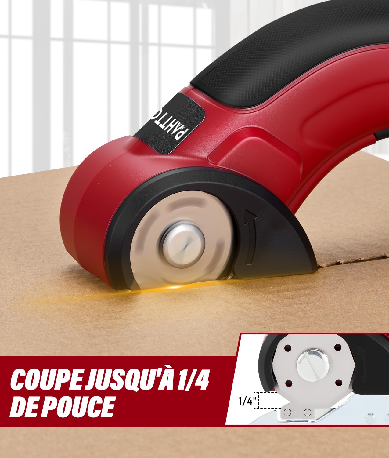 PAHTTO Cisaille électrique Coupe-carton 4 V, 320 tr/min, coupe-rouleau sans fil Coupe-tout universel avec 2 lames auto-affûtantes et chargeur, pour papier, carton, moquette, cuir, tissu (rouge)