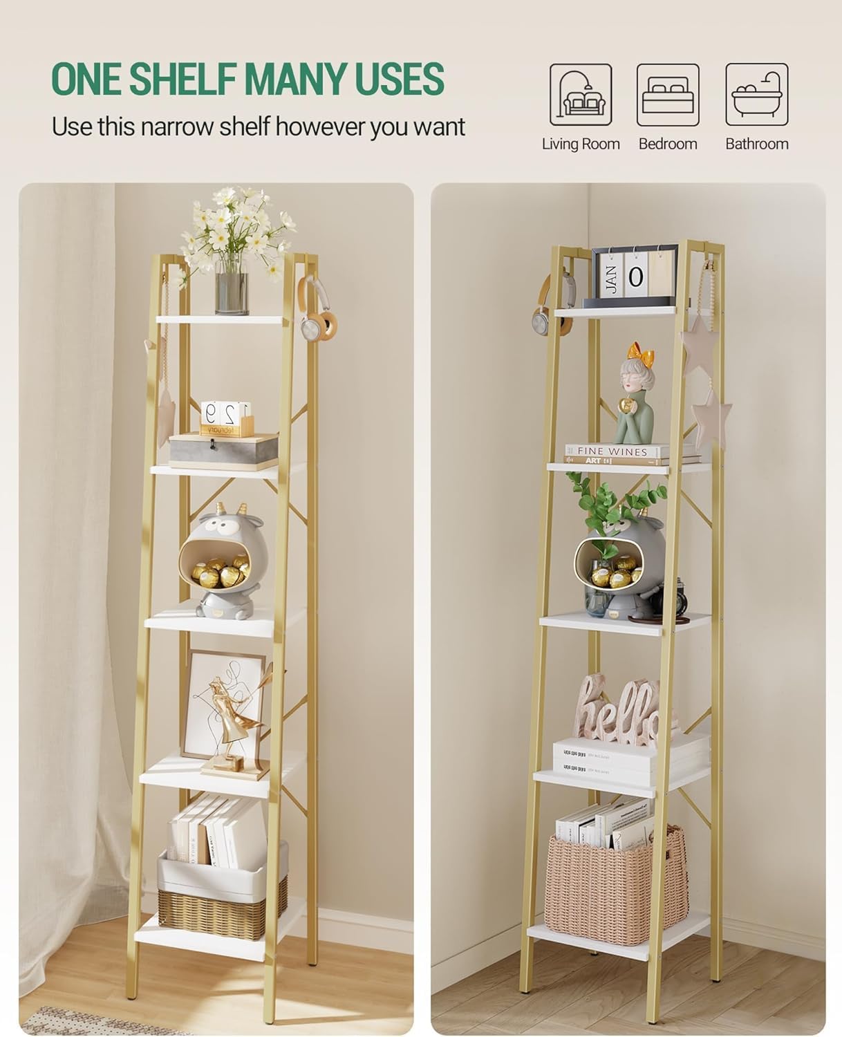 Ladder Shelf, Bookshelf Bookcase, Freestanding Corner Storage Shelve with 2 Hooks for Home Office, Living Room, Kitchen, Bedroom, Industrial, 11.8" D x 13.4" W x 63" H, White Gold BC03213G - Image 3