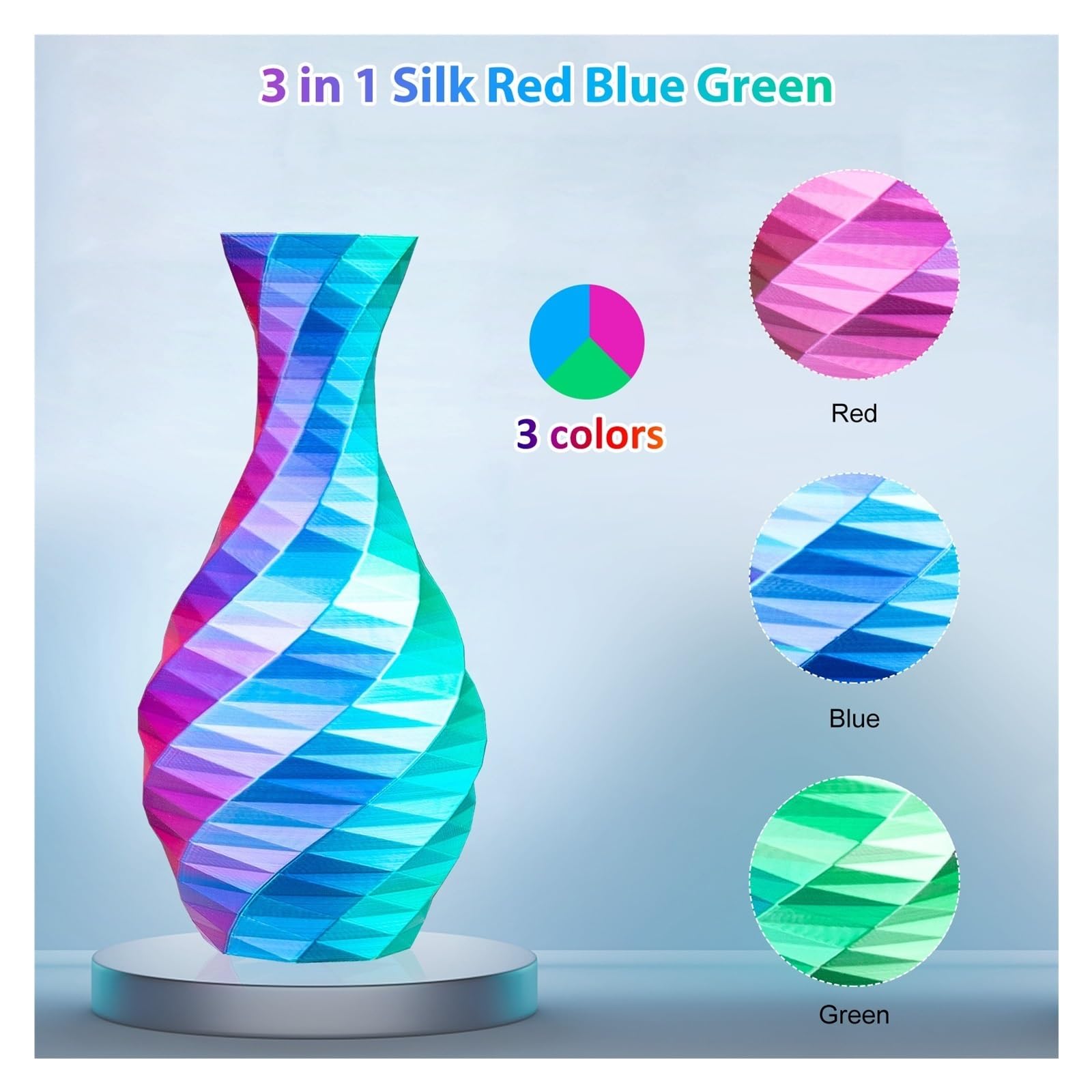 Mehrfarbiges 3D-Druckfilament, zwei-/dreifarbig, 1,75 mm PLA, seidenmatt, 250 g (0,55 lbs), passend for die meisten FDM-Drucker(RoseRedDarkBlueGreen)