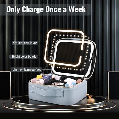 Miniatura 7 de AZ GOGO Bolsa de maquillaje con espejo iluminado, Azul, Suave