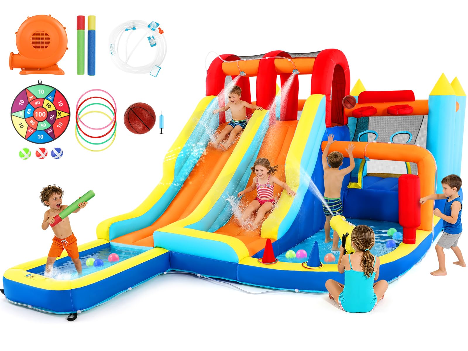 Photo 1 of JOYLDIAS Inflatable Water Slide Park, Giant Bounce House with 450W Blower, Climbing Wall, Dual Basketball Hoops & Ring Toss Games - Outdoor Backyard Jumper for Kids Ages 3+