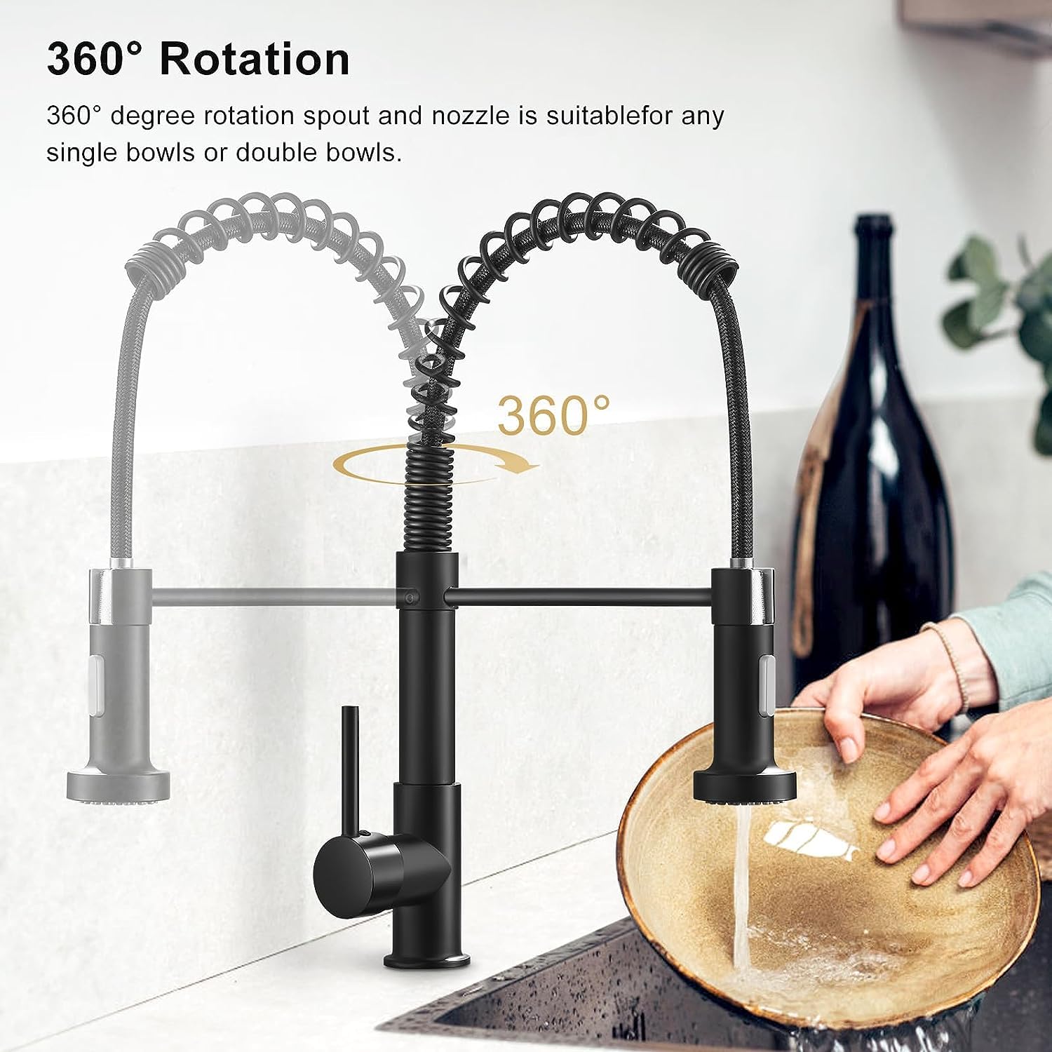 STANEW Grifo Cocina Negro, Grifo Cocina Fregadero con Ducha Extraíble Giratoria 360°, 2 Modo de Pulverización (negro)