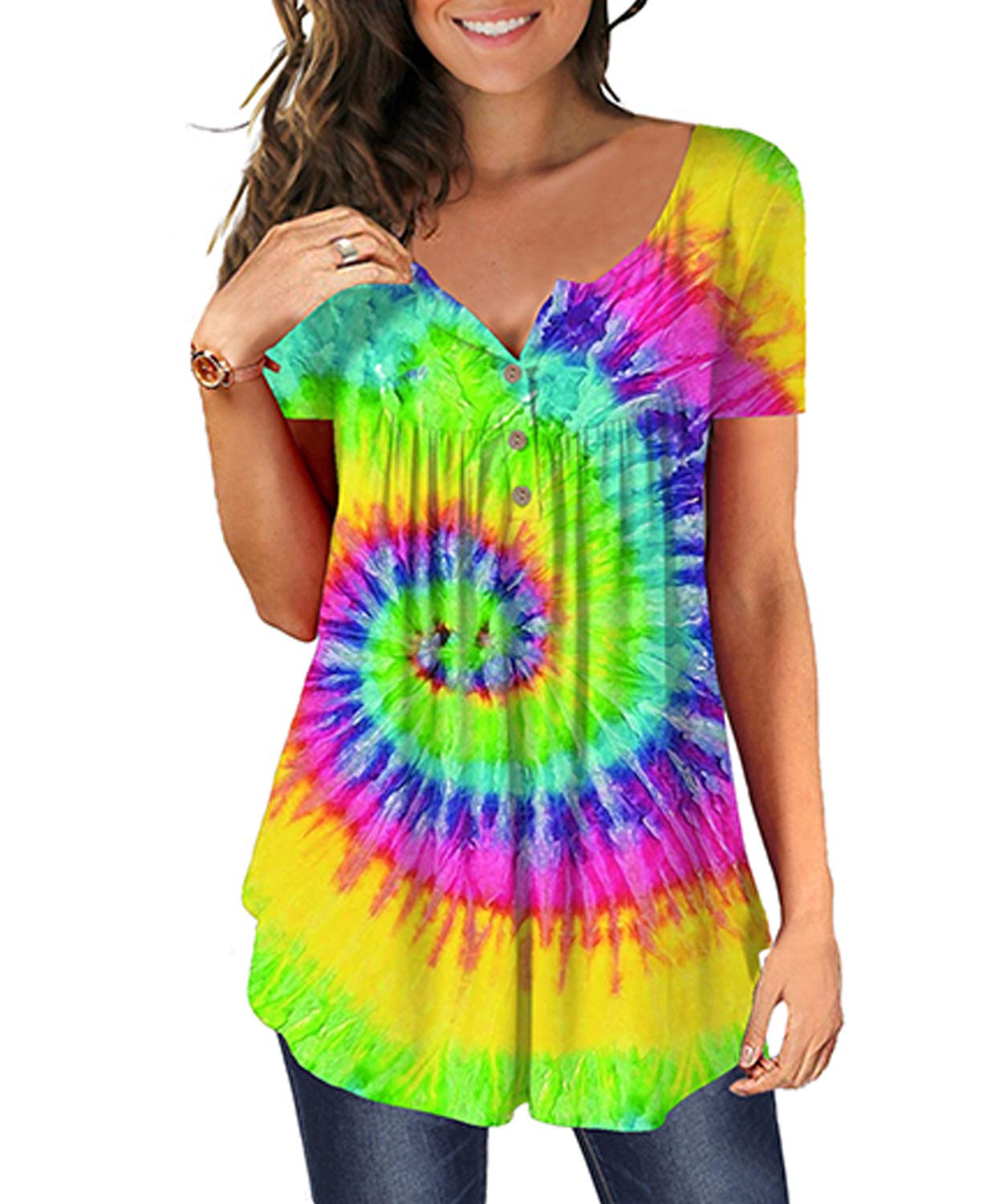 MAYAMANG Women's Floral Tunic Tops Casual Blouse V Neck Short Sleeve Buttons Up T-Shirts