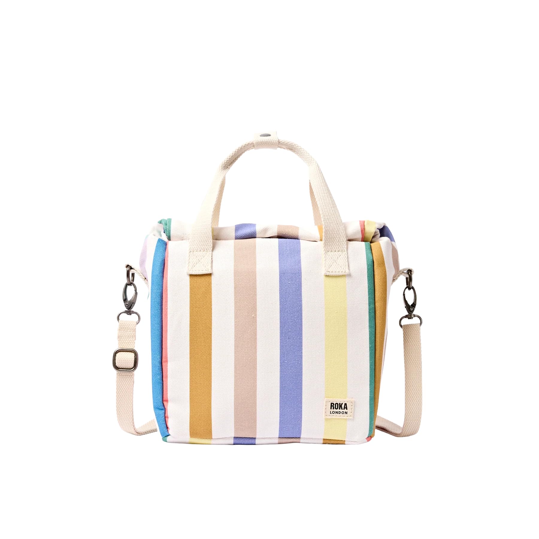 ROKA London Hampstead Insulated Lunch Bag – Roll Top Lunch Tote Cooler Bag with Adjustable Shoulder Strap, Water Resistant Reusable Lunch Bag for Work, School, Picnic & Travel (Pastel Multi Stripe)