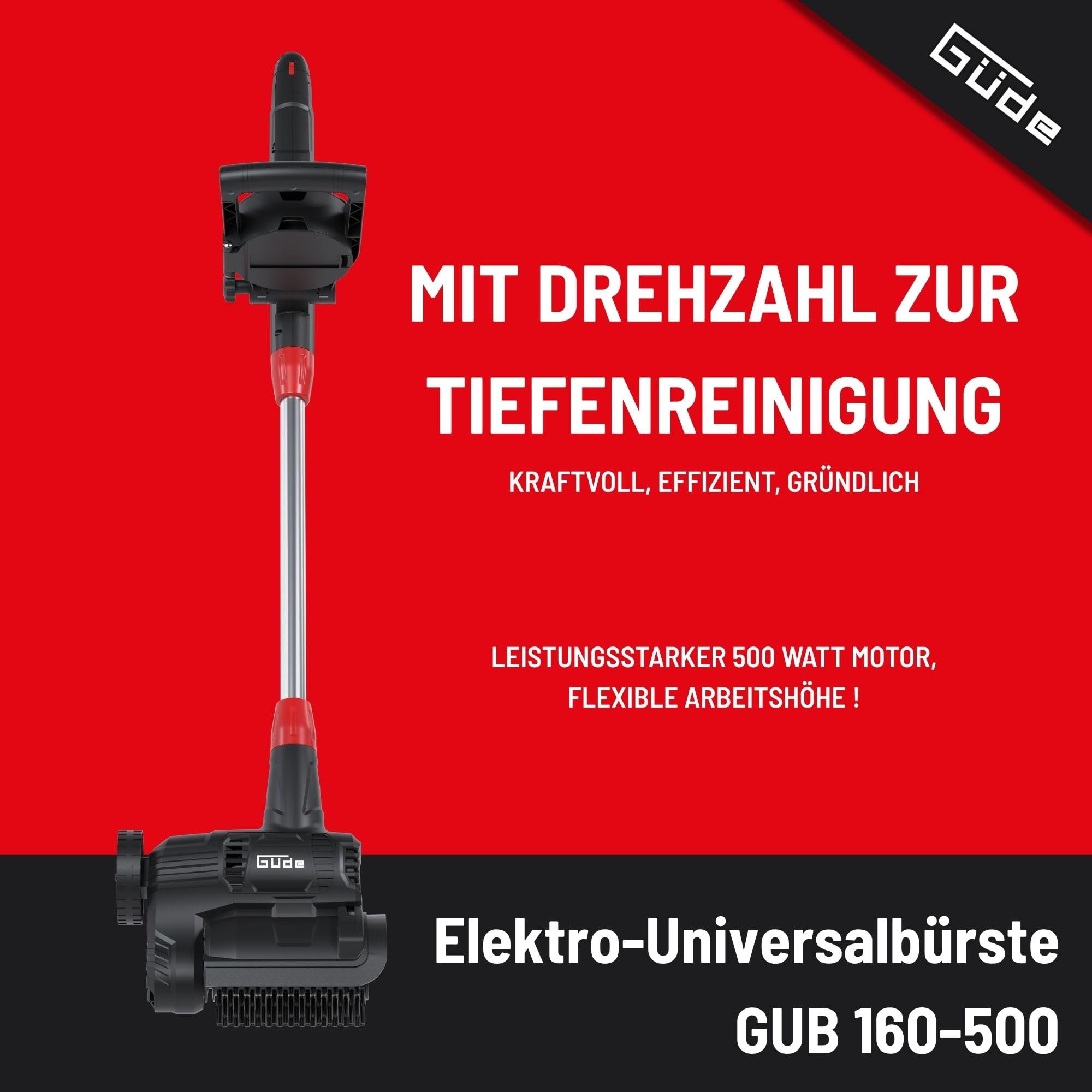 Güde GUB 160-500 - Cepillo eléctrico universal (230 V, 500 W, 600 a 1200 revoluciones por minuto, mango telescópico de 110 a 130 centímetros, con cepillos para juntas, terrazas y suciedad pesada)