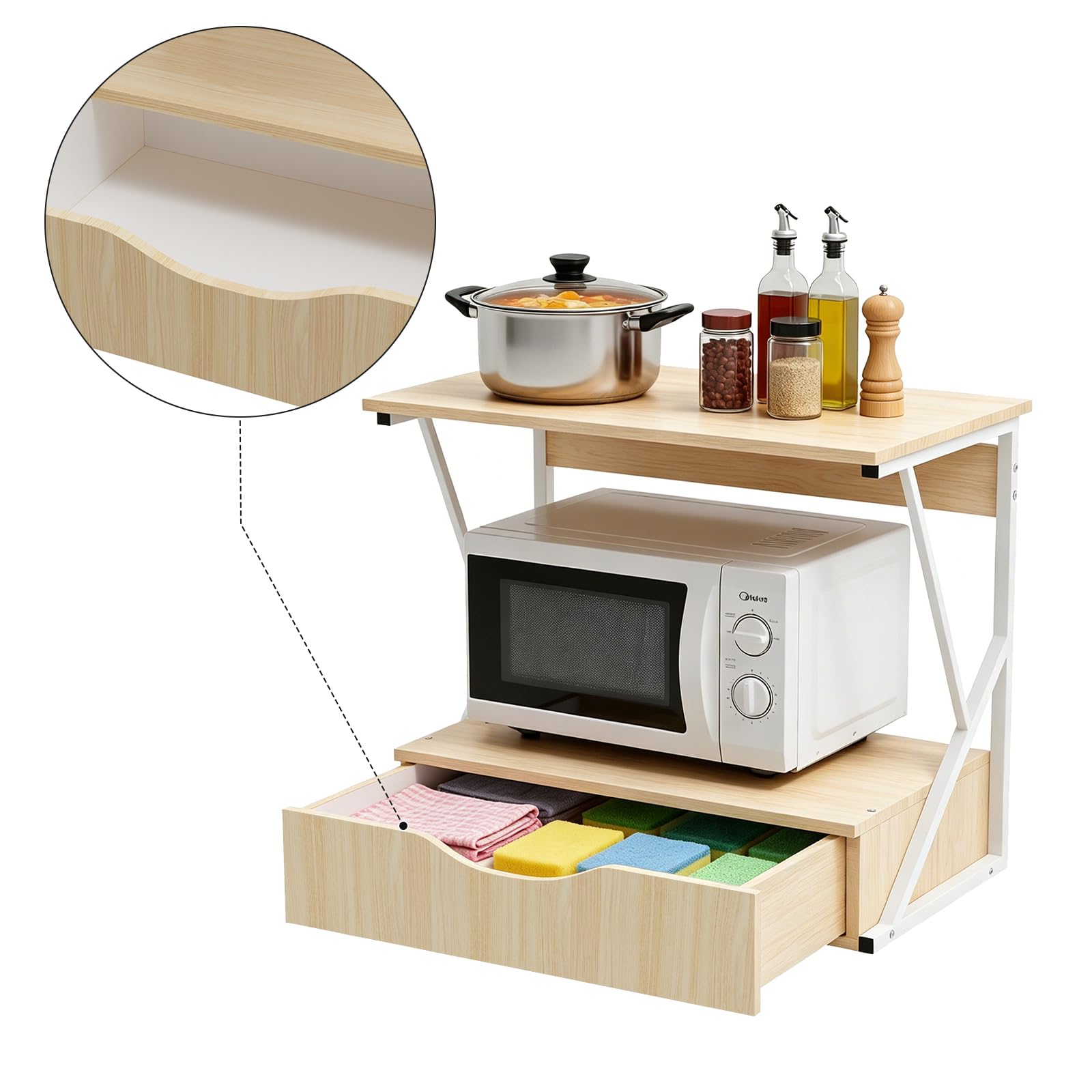 Mensola per Microonde Struttura in Metallo con Mensola in Legno MDF e Cassetto Organizzatore Porta Utensili da Cucina Design Moderno, 54x35x50 cm-Acero Bianco